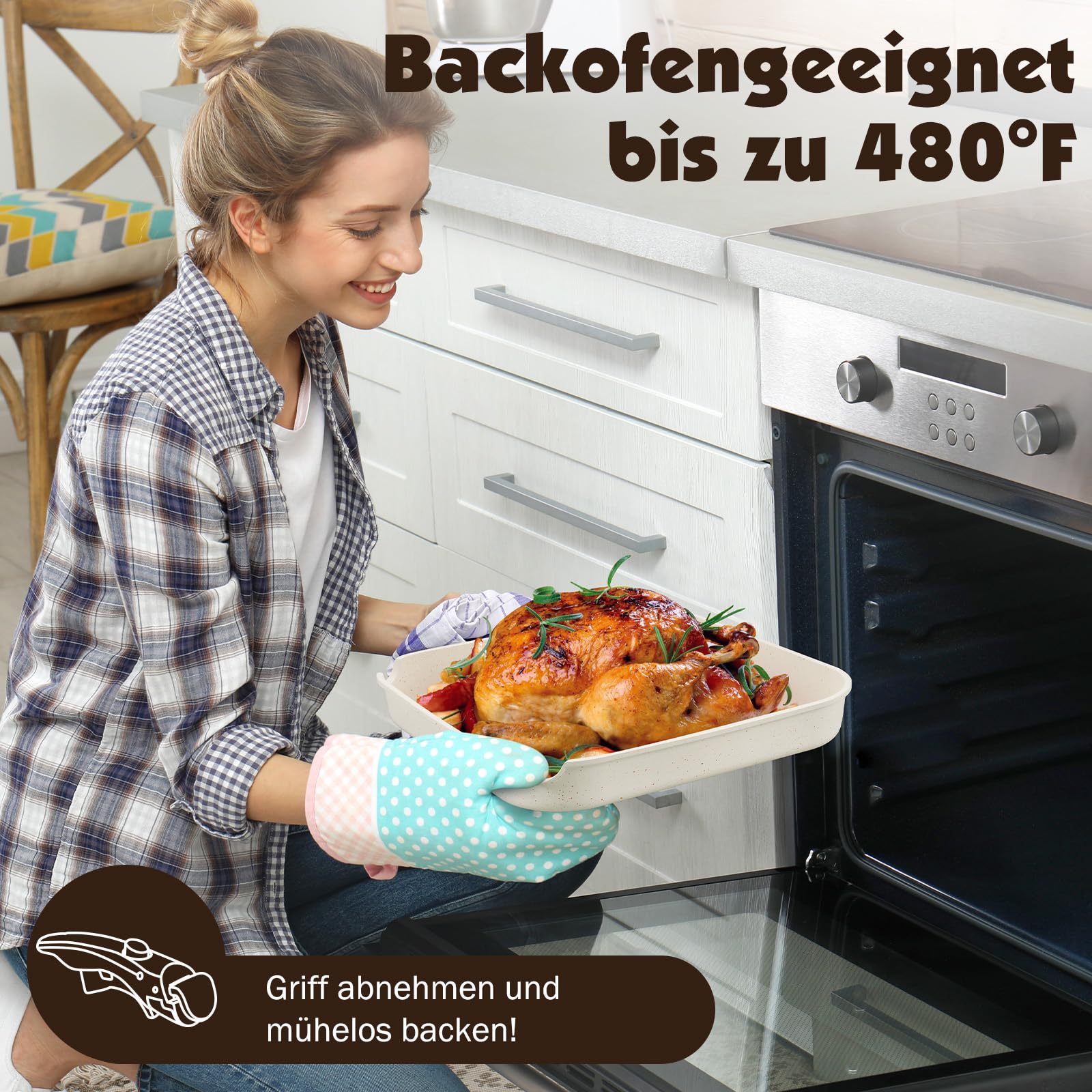 YASHE 21-teiliges Topf- und Pfannen-Set, antihaftbeschichtet, mit abnehmbaren Griffen und Glasdeckel, induktionsgeeignet, ofenfest, stapelbar, Weiß