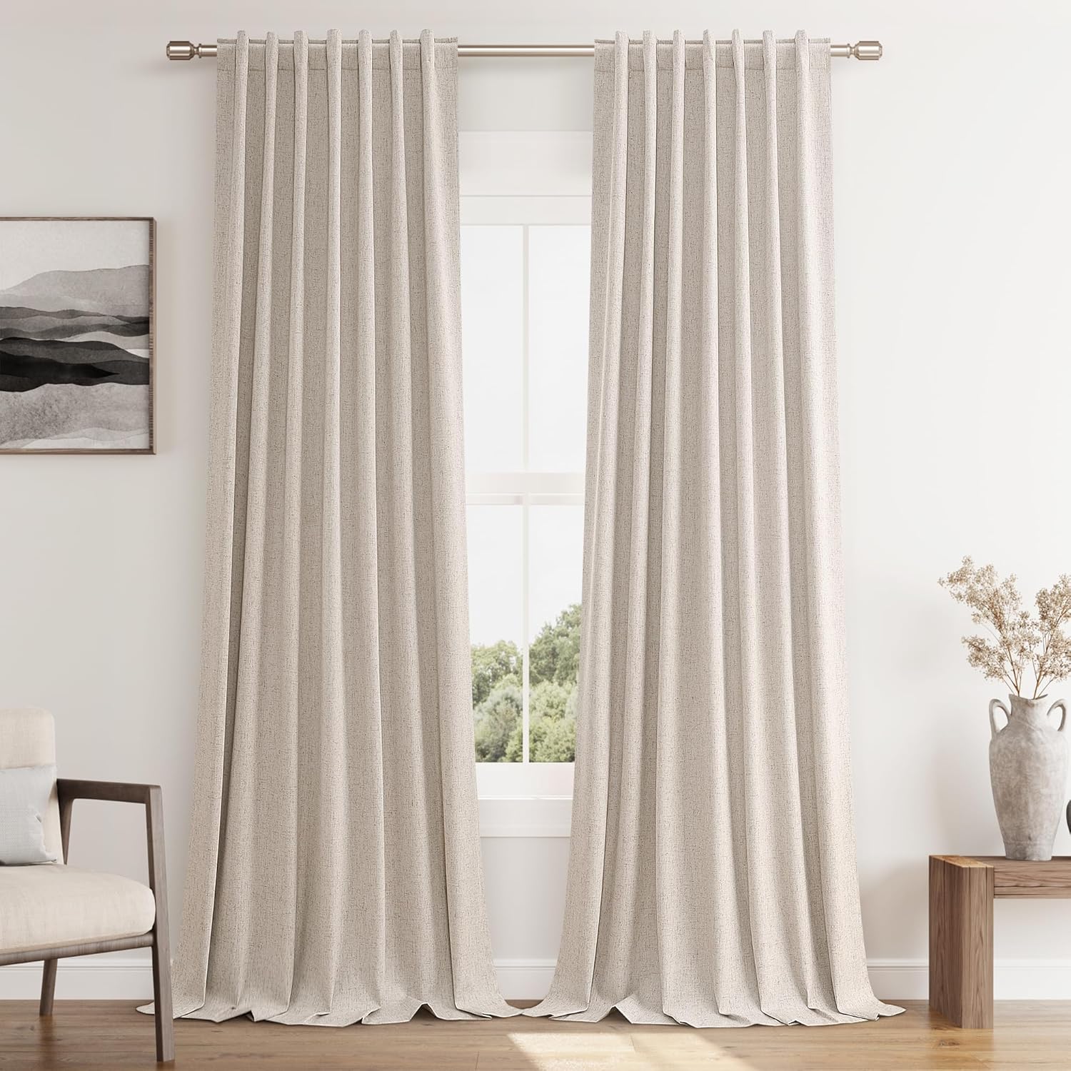 Guken Oatmeal Linen Blackout Curtains 84 Inch Length 2 Panels Set for Living Room Bedroom Back Tab Thermal Insulated 100% Black Out Linen Drapes Room Darkening Window Curtains 84 Inches Long W52xL84 Oatmeal