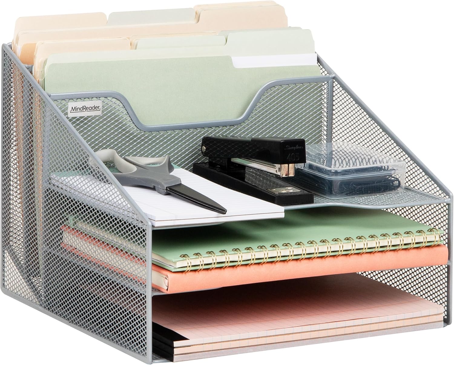Mind Reader Metal Mesh Desktop File Organizer, 3-Tier Paper Tray with 5 Compartments, Office Mail Sorter, Silver