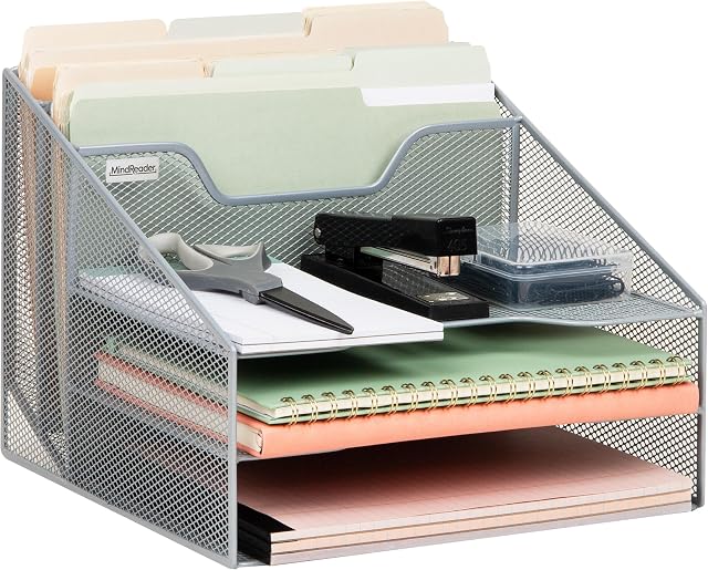Mind Reader Desktop Organizer, Vertical File Holder, Paper Trays, Office, Metal Mesh, 12.5"L x 11.5"W x 9.5"H, Silver