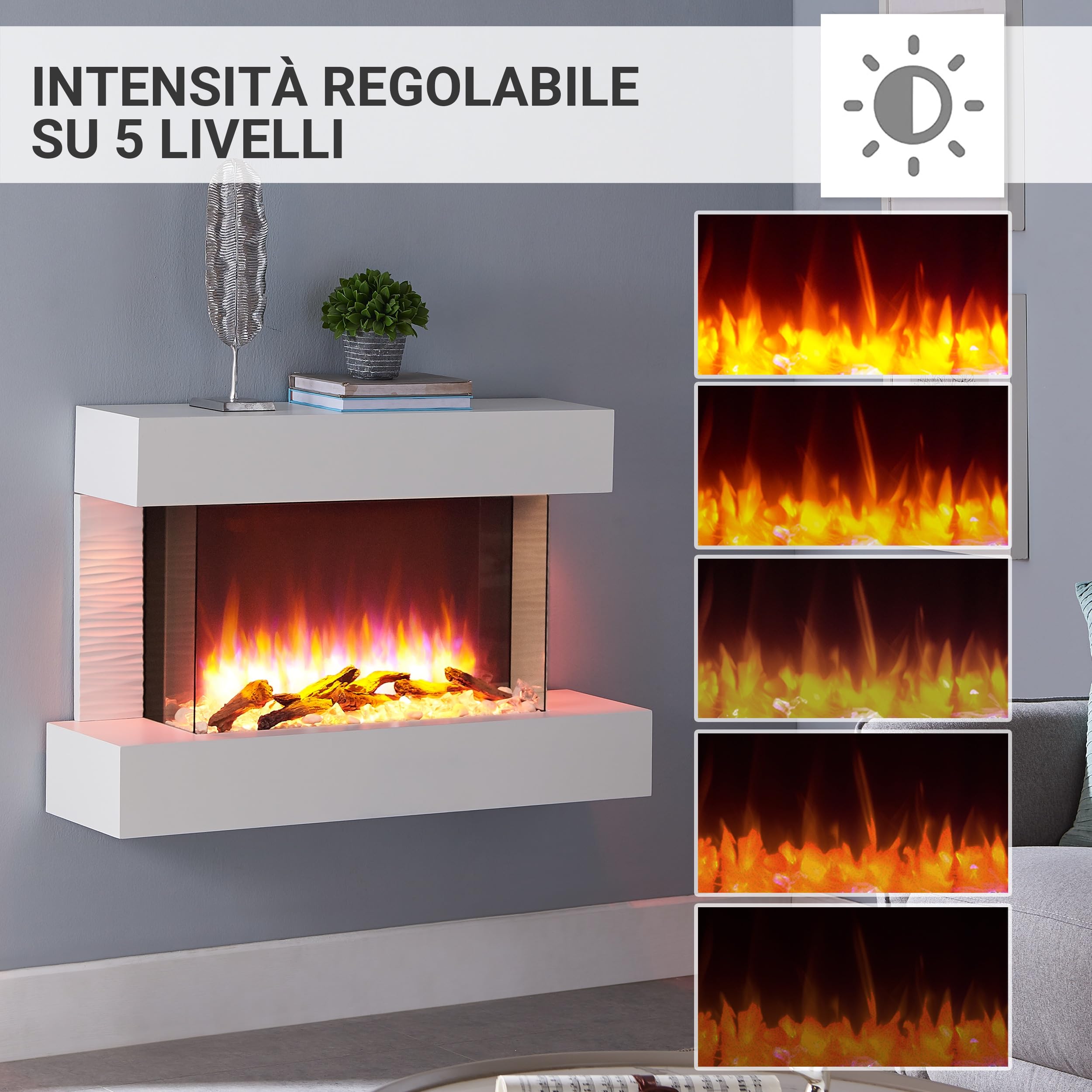 BALDERIA Camino elettrico Aidan, camino elettrico con effetto fiamma 3D, riscaldamento elettrico 2000 W, illuminazione a LED, camino con telecomando, timer, controllo di avviamento e termostato