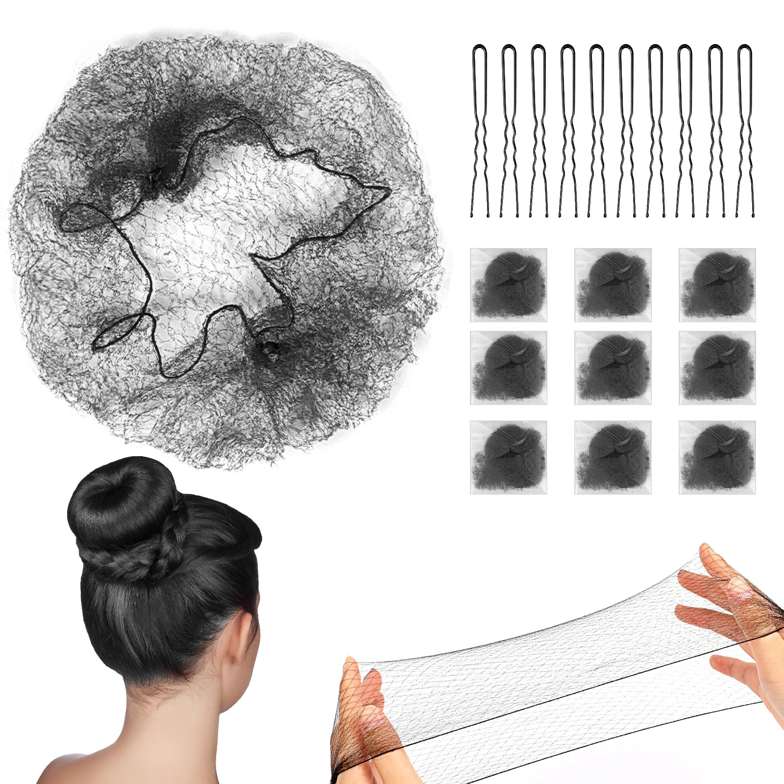 Black Hair Nets Bun Hair Net U Shaped Pins Set, 20 Individual Package Invisible Elastic Edge Mesh Nets, 20 Bun Maker Pins for Women, Girls, Ballet
