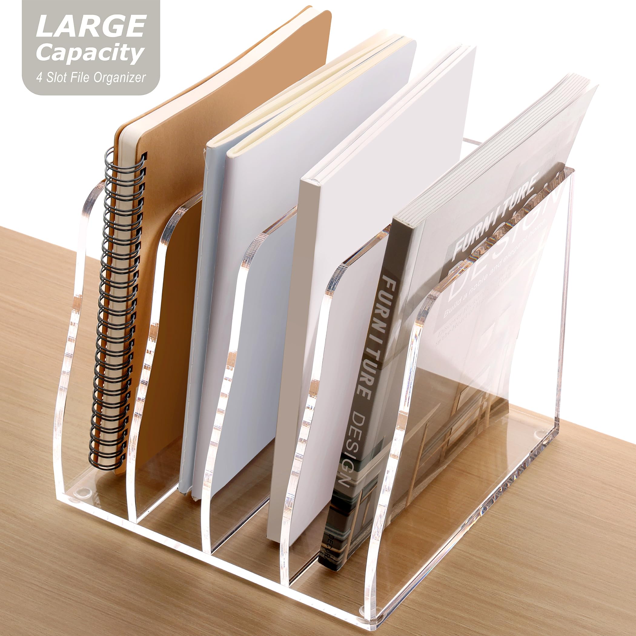 SANRUI Acrylic Desk File Organizer, 4 Vertical Compartments Clear Magazine File Holder Workspace Sorters - Image 3