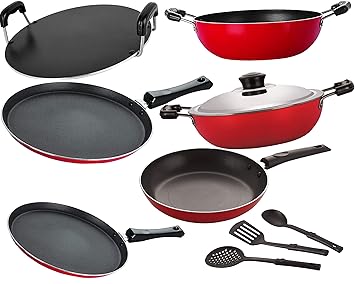 NIRLON Non Stick Coated Aluminium Cookware Utensil Combo Set Offer, 9 - Piece [2.6mm_FT13_FT12_KD13_DKDM_RT_TP24_3SPN]