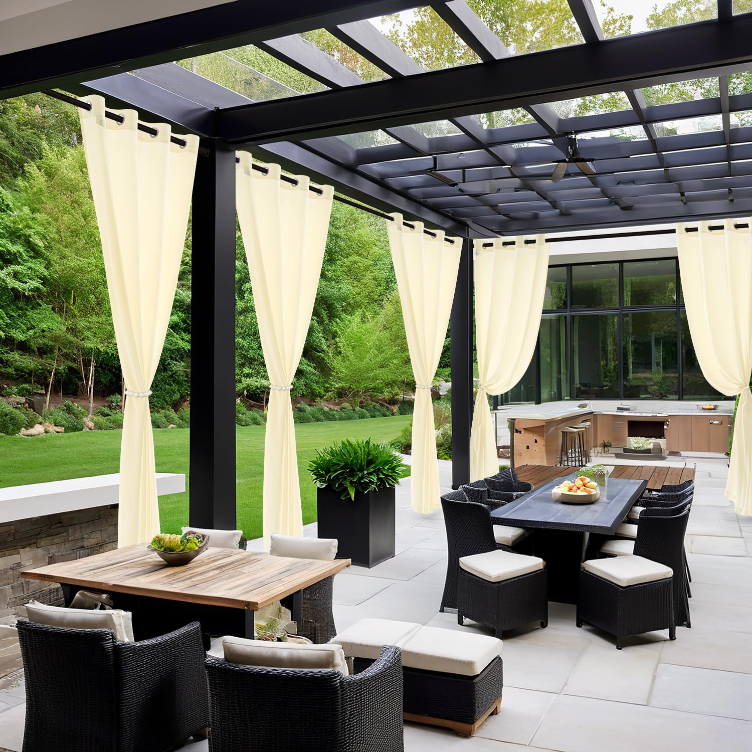 MIULEE Tende per Esterni Impermeabile con Occhielli 2 Pannelli, Tende da Esterno in Voile Semi-Trasparenti per Giardino, Balcone e Gazebo, Beige 140×240cm