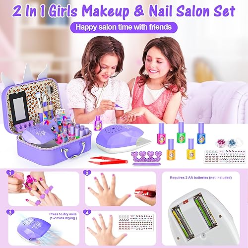 Miniatura 10 de Kit de maquillaje para niñas  Juguetes de maquillaje lavables 2 en 1 para niños y kits de arte de uñas con secador de uñas y estuche de cosméticos,
