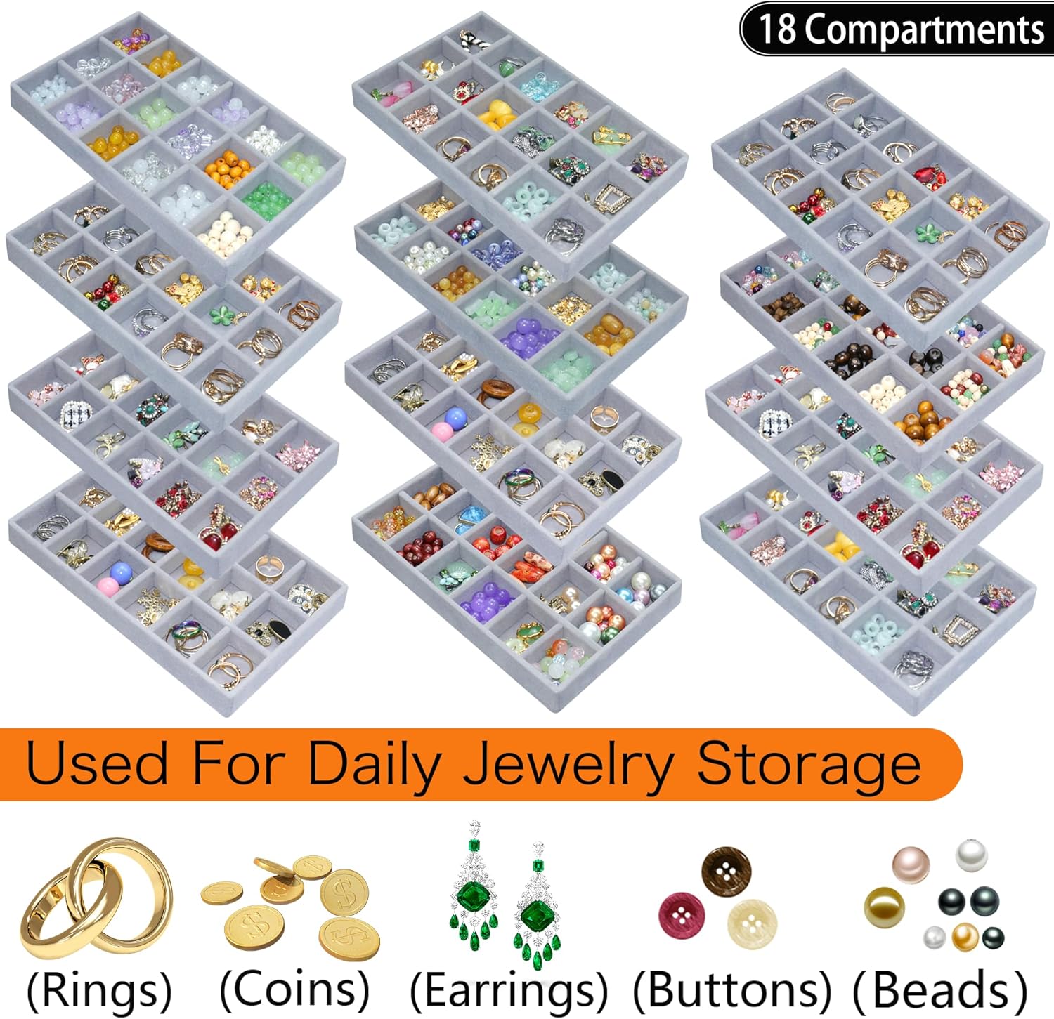 12 Pack Jewelry Tray for Drawer Velvet Earring Organizer Stackable Jewelrys Ring Organizer Divided Display Tray 216 Grids, Grey