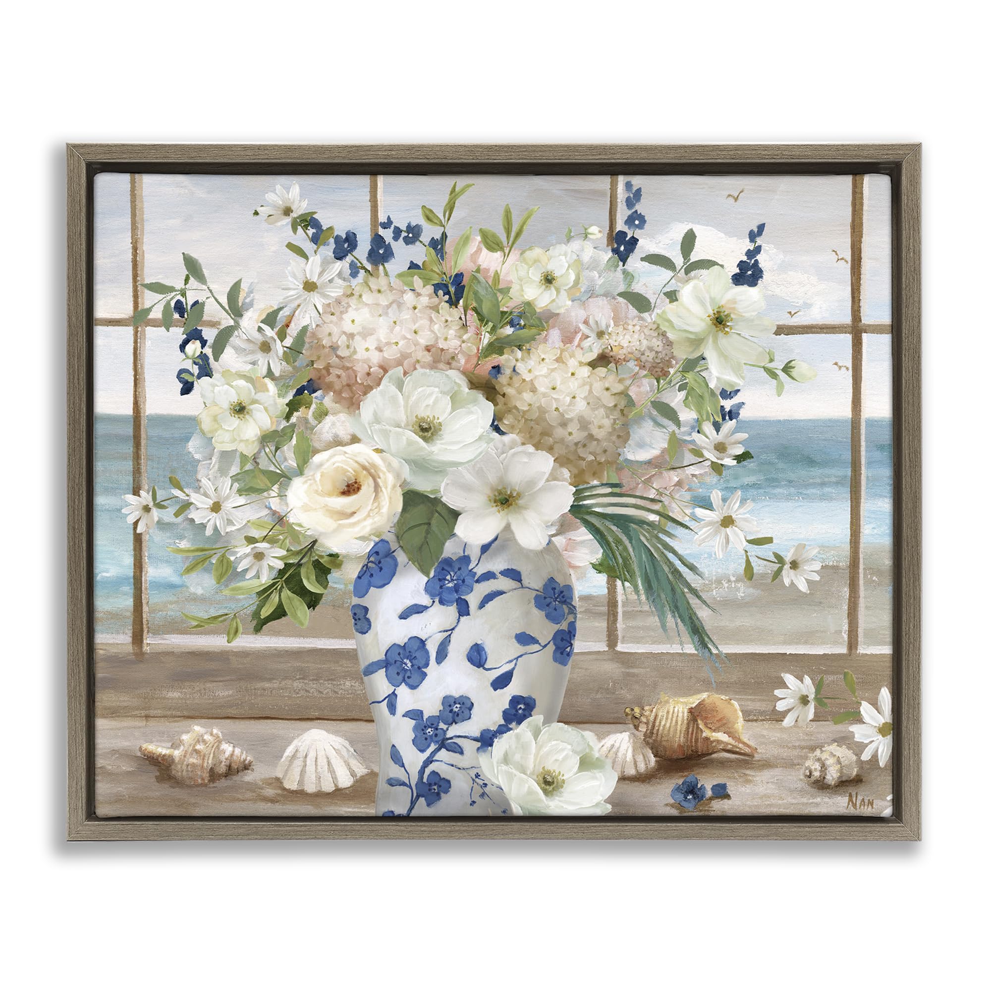 Stupell Industries 'Seashells & Flowers Windowsill', Floating Frame Canvas Art, Brown, 31 x 25 Inches, Easy to Hang and Sturdy, Made in USA, by Nan