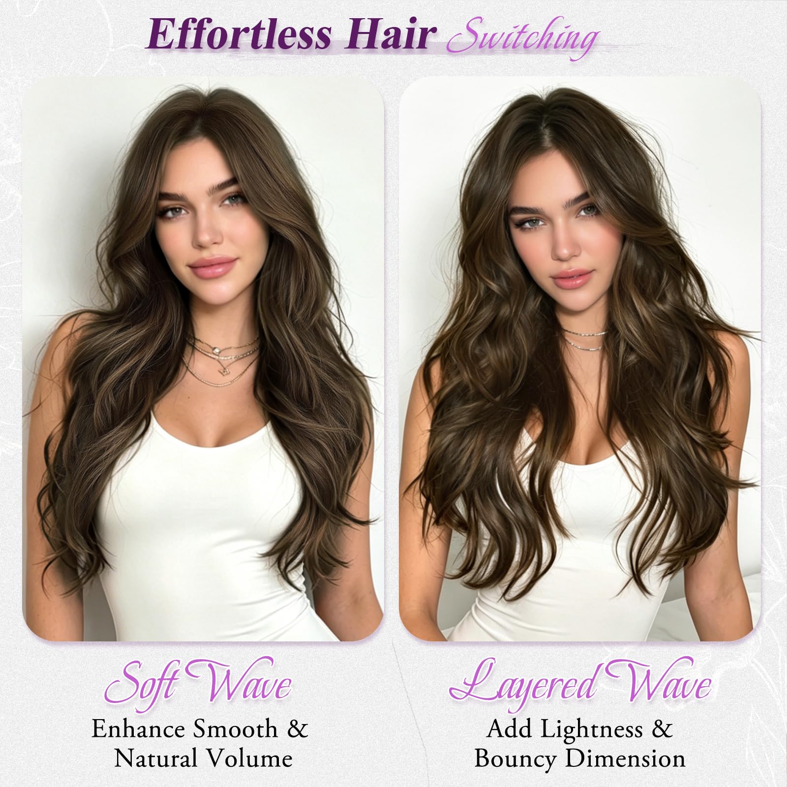 BARSDAR 2 Piezas Hilo Invisible Extensiones de Cabello, 50cm Ondulado Layered Sintética Clip in Marrón Hair Extensions para Mujer Aspecto Natural Lace Weft Invisible Wire Postizos, Chocolate Marrón