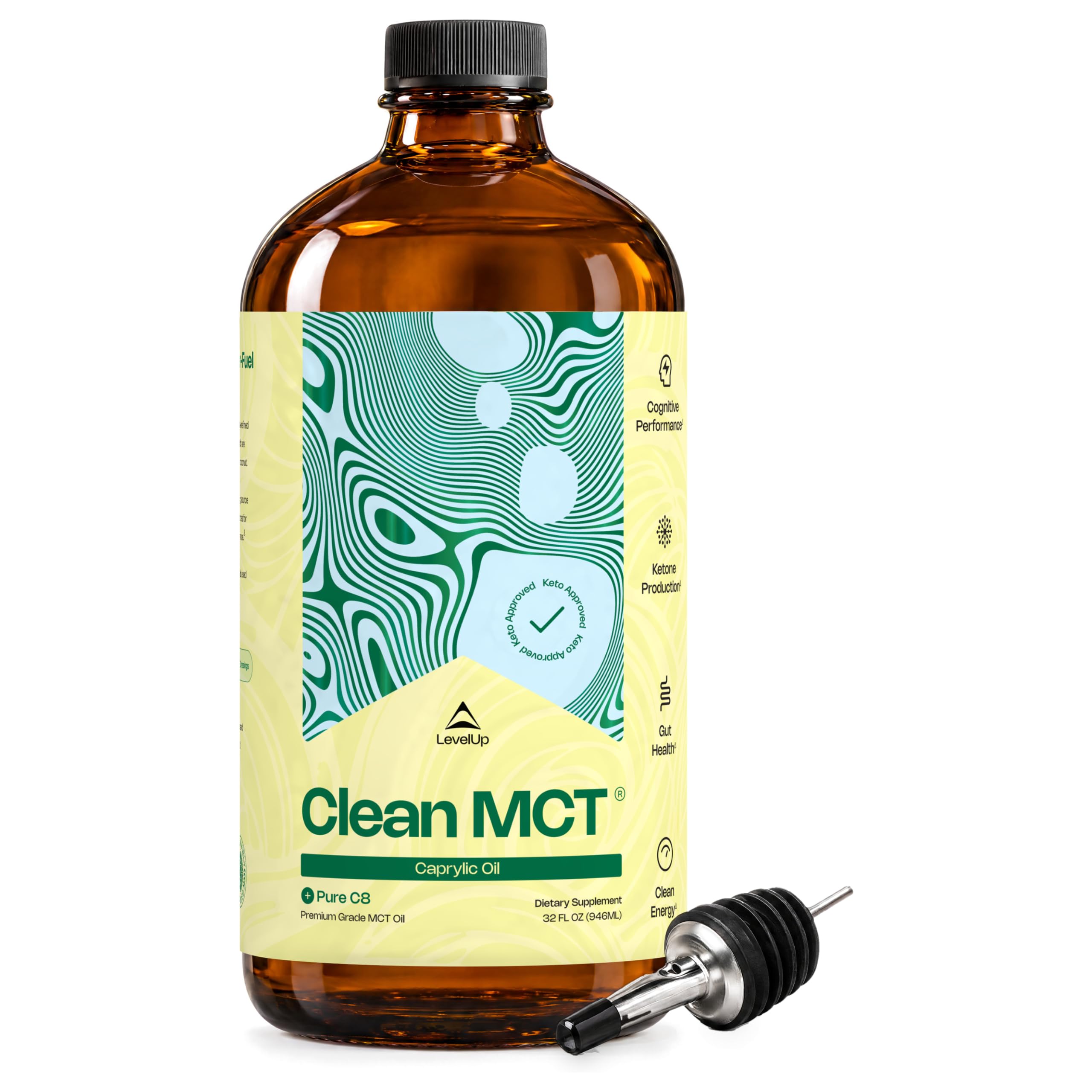 LevelUp Clean MCT Oil, 100% C8 Caprylic Acid, Keto, 32 oz Glass Bottle
