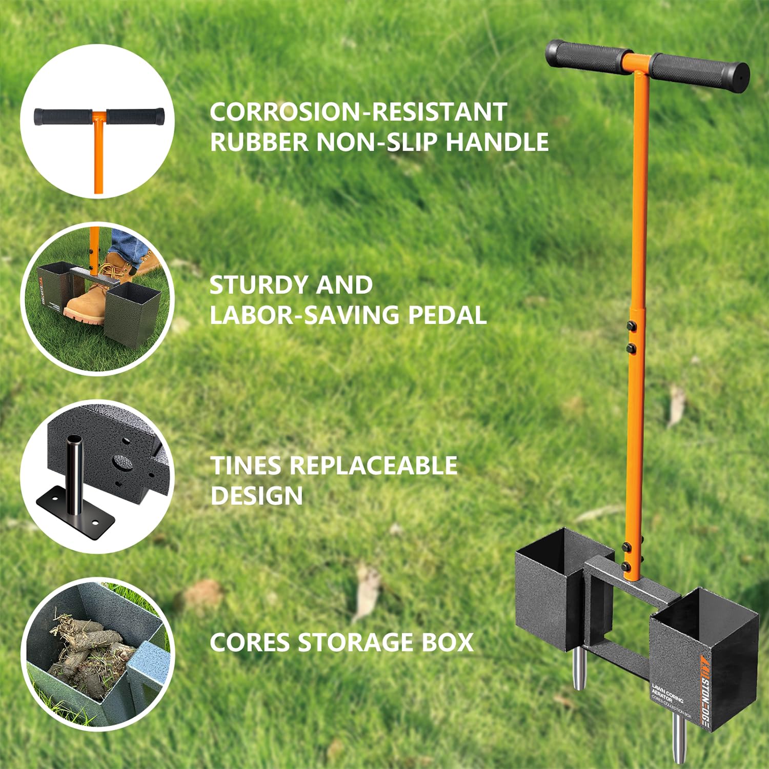 Aireador manual para césped con 4 dientes de repuesto, caja de núcleos, aflojamiento de la condición del suelo compactado, mejora la aireación de césped de jardín