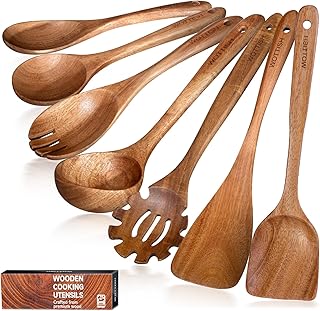 Wooden Utensil Set,WOTTISH 7Pcs Nonstick Wood Spatula,Wooden Kitchen Utensils Set Non Toxic,Wooden Spoons for Cooking(A07)