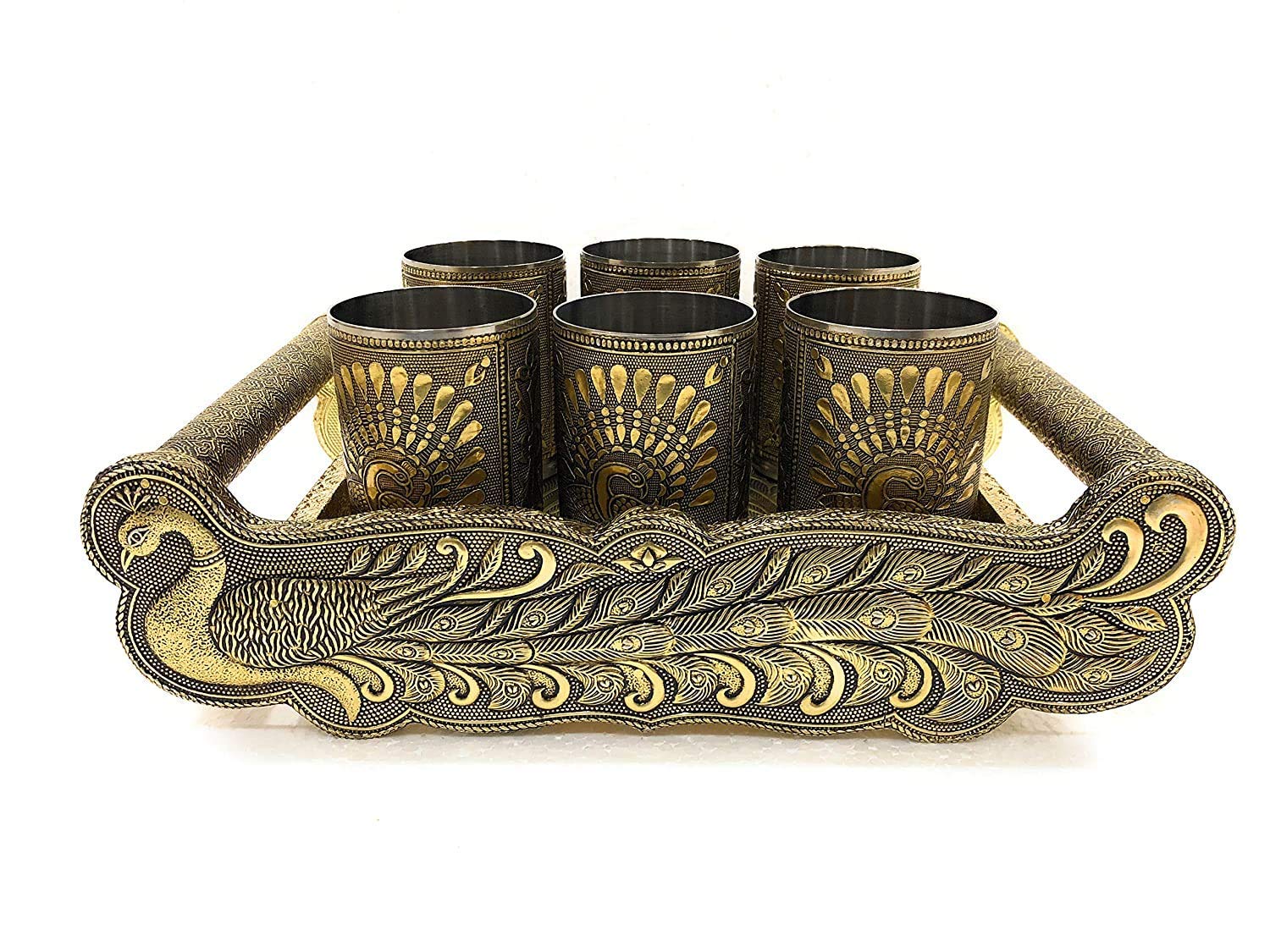 Indian Collectible - Juego de 6 bandejas de madera oxidadas para servir y 6 bandejas de cristal, de Handicraft Rajwadi Meenakari