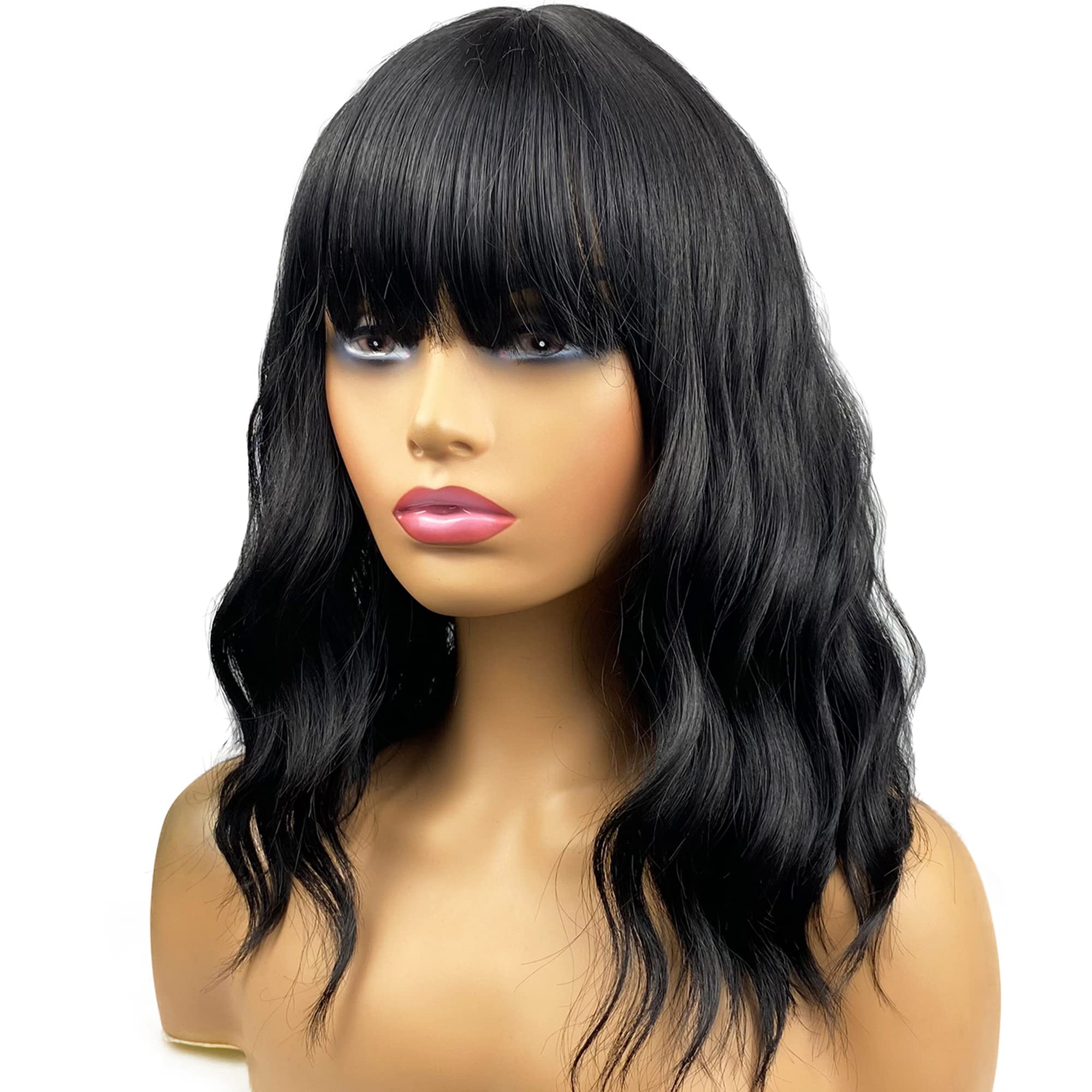 Synthetic Wavy Bob Wig Heat Resistant Everyday Hairstyle Shoulder Length Amazon.com : Haoland Black Wig With Highlights,Shoulder  main image 3