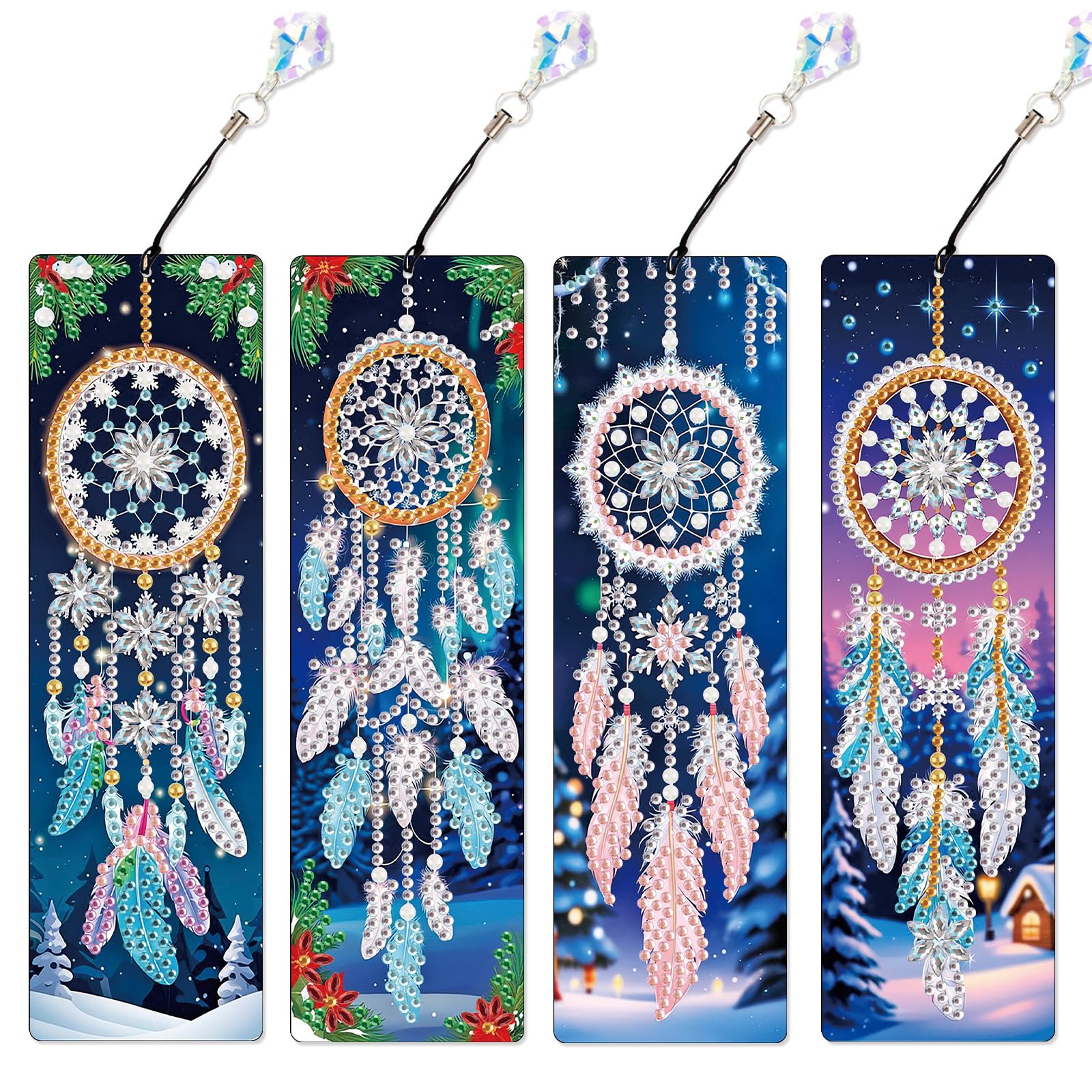 4 Pieces 5D Diamond Painting Bookmarks for Adults, Dreamcatcher Rhinestone Bookmarks with Tassels, DIY Handmade Diamond Art Bookmark Craft Kit, Unique Book Marks Set for Book Lovers