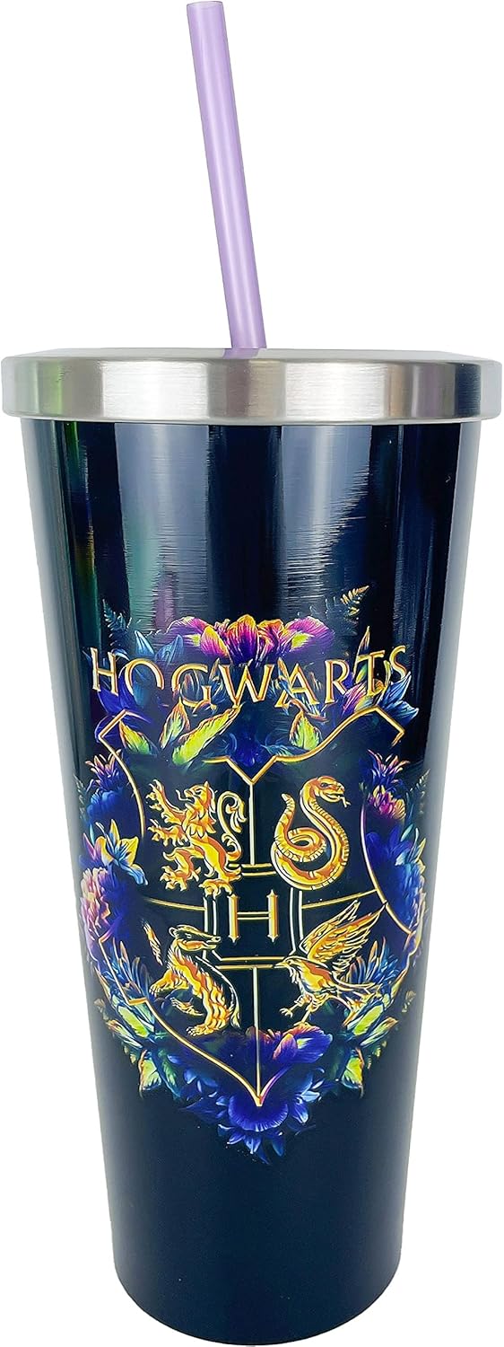 Spoontiques Harry Potter Stainless Steel Tumbler, 24oz - Double Wall Insulated Travel Cup with Straw - Hogwarts