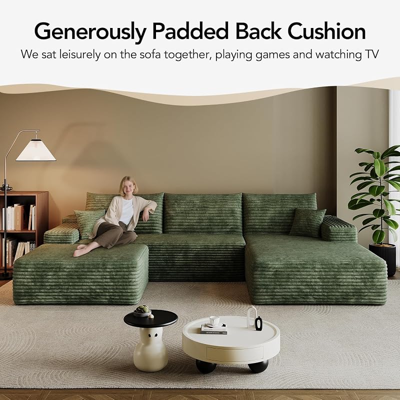 inoevl 107.7" Boneless Sectional Couch Modern Modular U - Shape Corduroy Upholstered Sofa for Living Room - Deep Seat with Chaise and Ottoman(Green, 2 Seater+Right Facing Chaise+Ottoman) image 6
