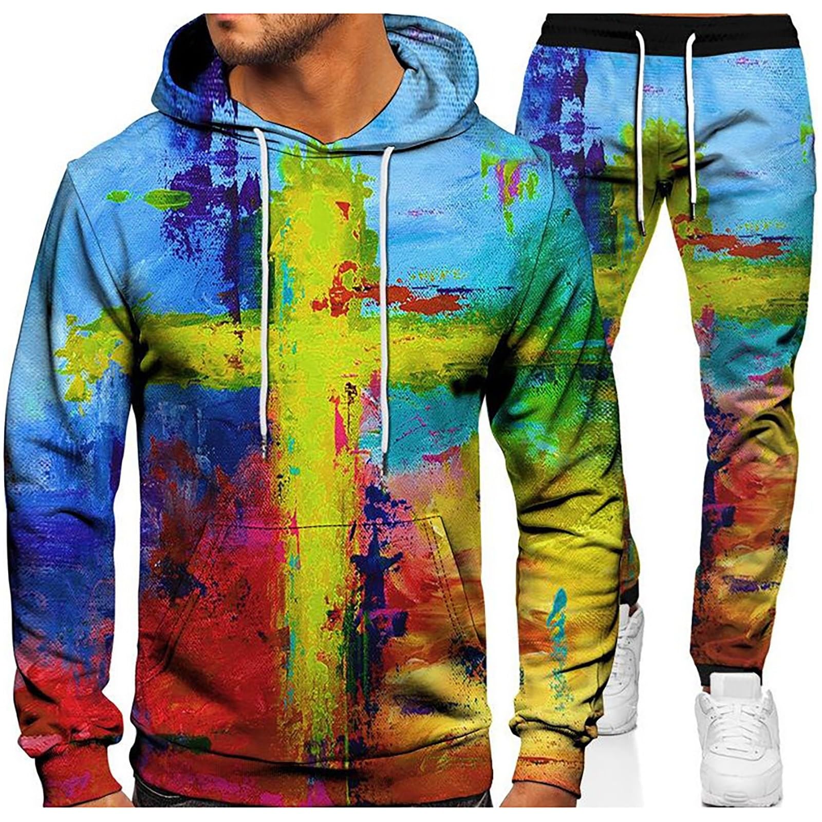Tuta da jogging da uomo, 2 pezzi, stile hip hop, in misto cotone e poliestere, stampa 3D, felpa con cappuccio e pantaloni da allenamento, vestibilità larga, per sport e tempo libero, taglie S-3XL