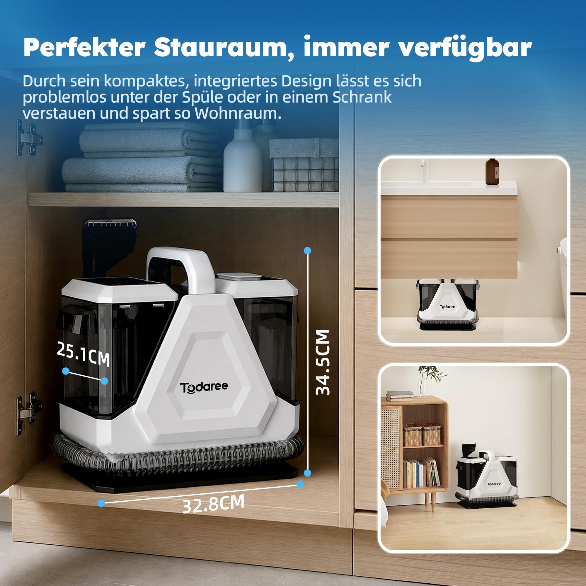 Polsterreiniger Gerät 14 kPa Stark, Teppichreiniger Waschsauger，Waschsauger & Nasssauger für Teppich, Sofa, Auto, Matratze – Handgerät mit Doppeltank für Polster, Tierhaare, Weiß/Grau