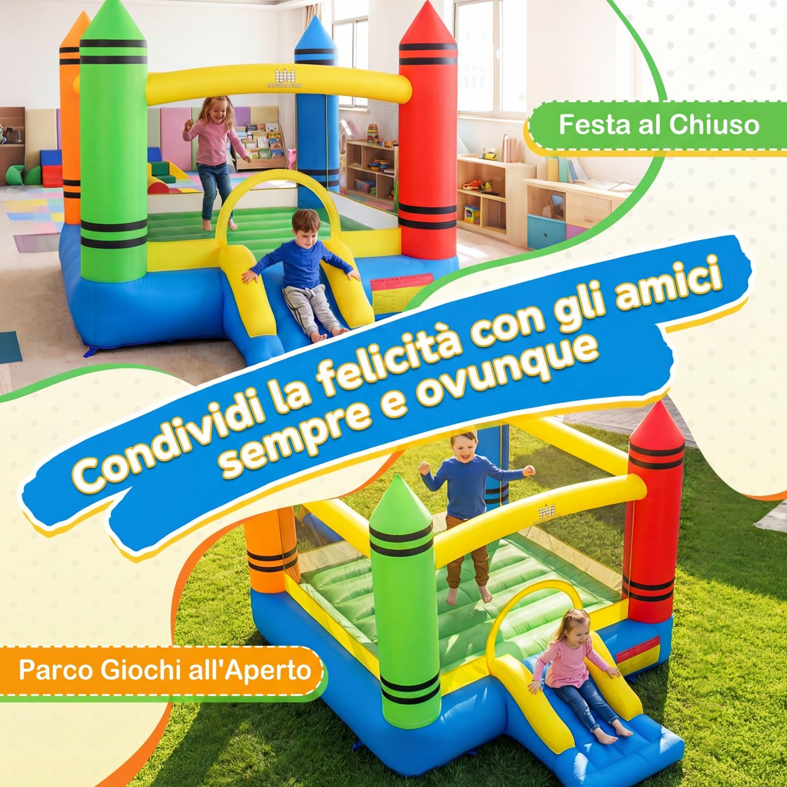 COSTWAY Castello Gonfiabile per Bambini, Casa Gonfiabile con Salto e Scivolo, Borsa di Trasporto e Kit di Riparazione, per 2 Bambini 3-12 Anni, Adatto per Esterno e Interno