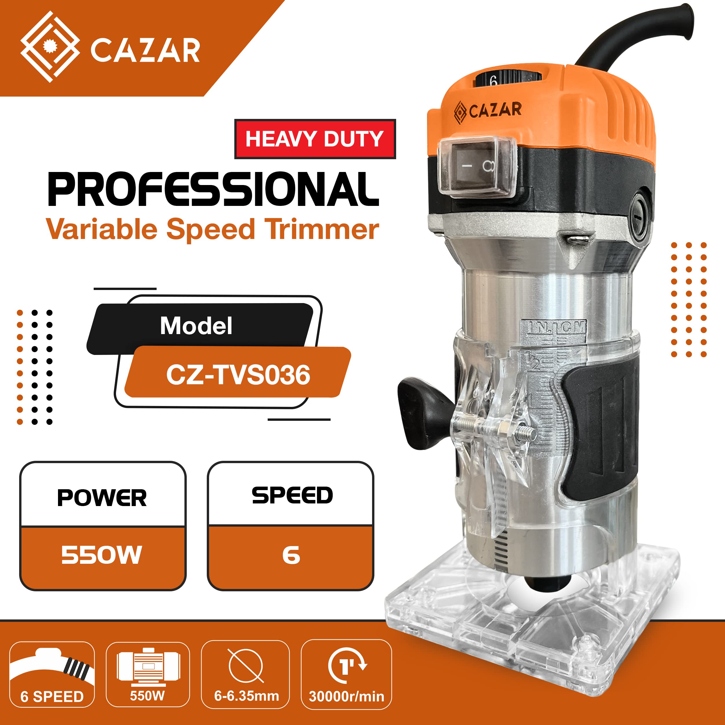 CAZAR CZ-TVS036 Professional Variable 6-Speed Metal Body Wood Trimmer/Router (6-6.35 mm) machine, 3m long cord 2