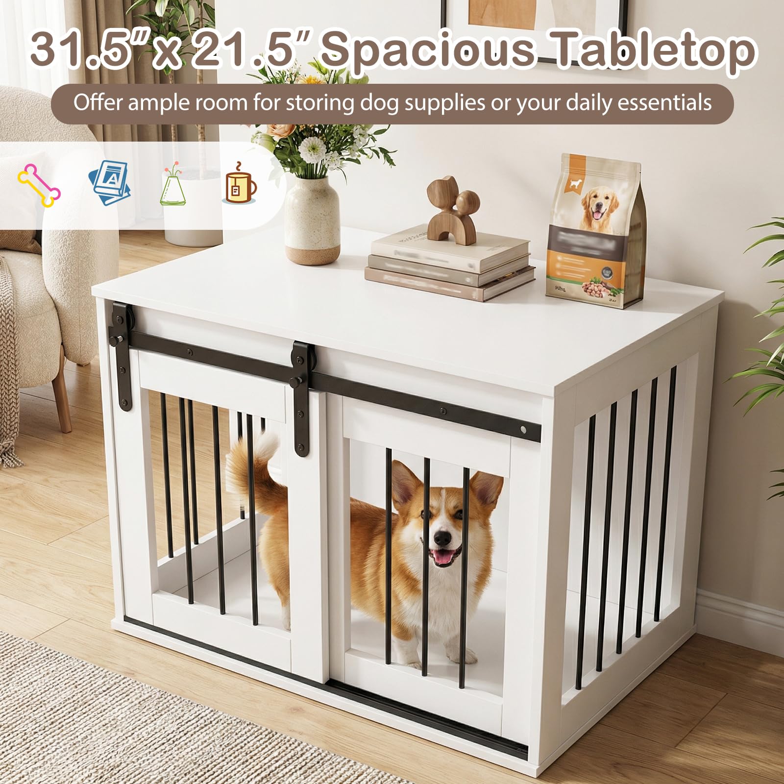 FANTASK Hundekäfig Möbel 80 cm, Hundebox mit Schiebetür & Metallrahmen, Hundeschrank aus Holz als Beistelltisch für kleine & mittelgroße Hunde, für Wohnzimmer, Schlafzimmer & Flur (Weiß)