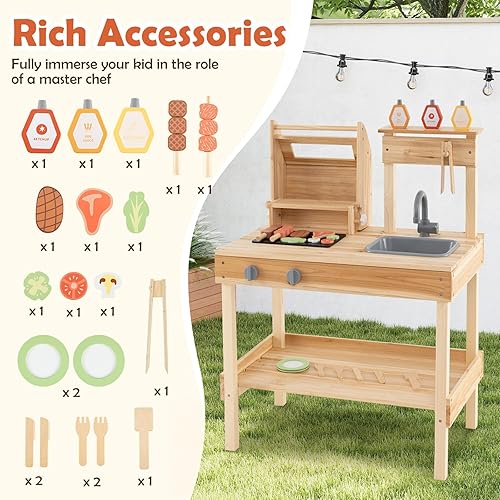 Vista 12 de Costzon Juego de parrilla para niños con ruedas, juego de parrilla de madera para niños con comida de juego, herramientas de parrilla y accesorios