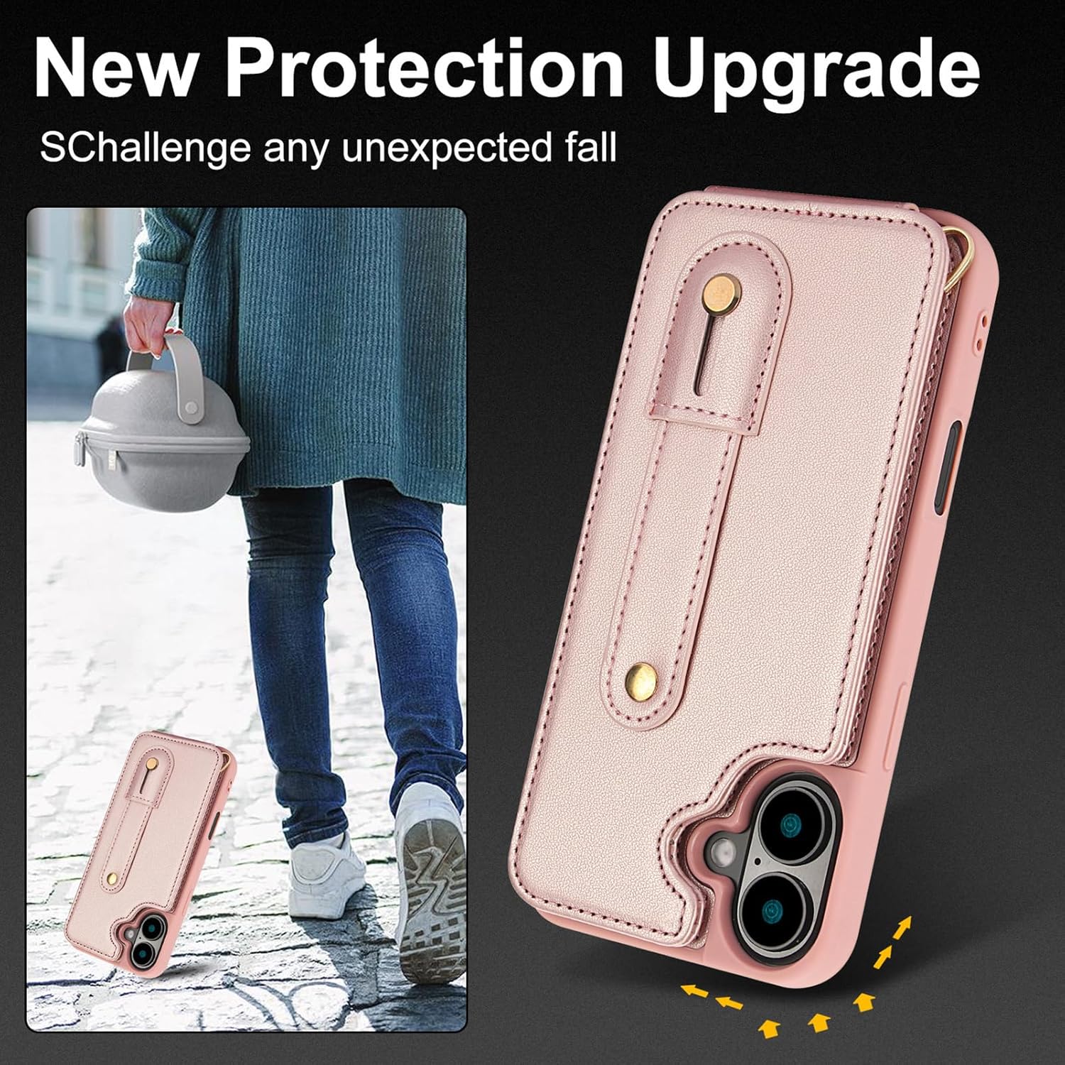Leather Case for iPhone 16 Pro Max/16 Pro/16 Plus/16, Hand Loop Kickstand Shockproof Case with Lanyard Strap Wallet Cover (Pink,16 Pro)