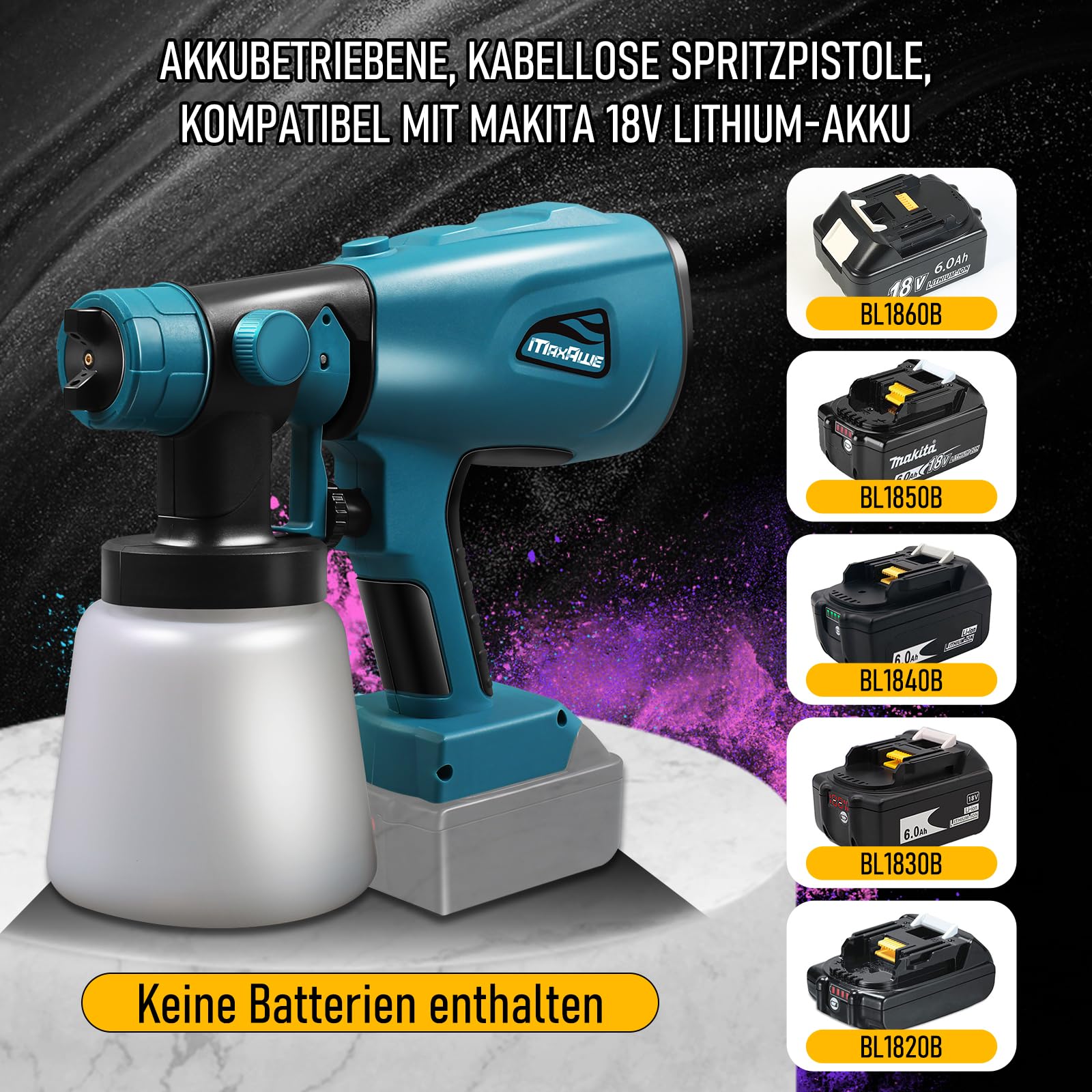 MaxAwe Elektryczny pistolet natryskowy do akumulatorów Makita 18 V, pistolet do malowania z 4 dyszami i 3 modelami natryskowymi, pistolet natryskowy do malowania ścian, ogrodzenia ogrodzenia