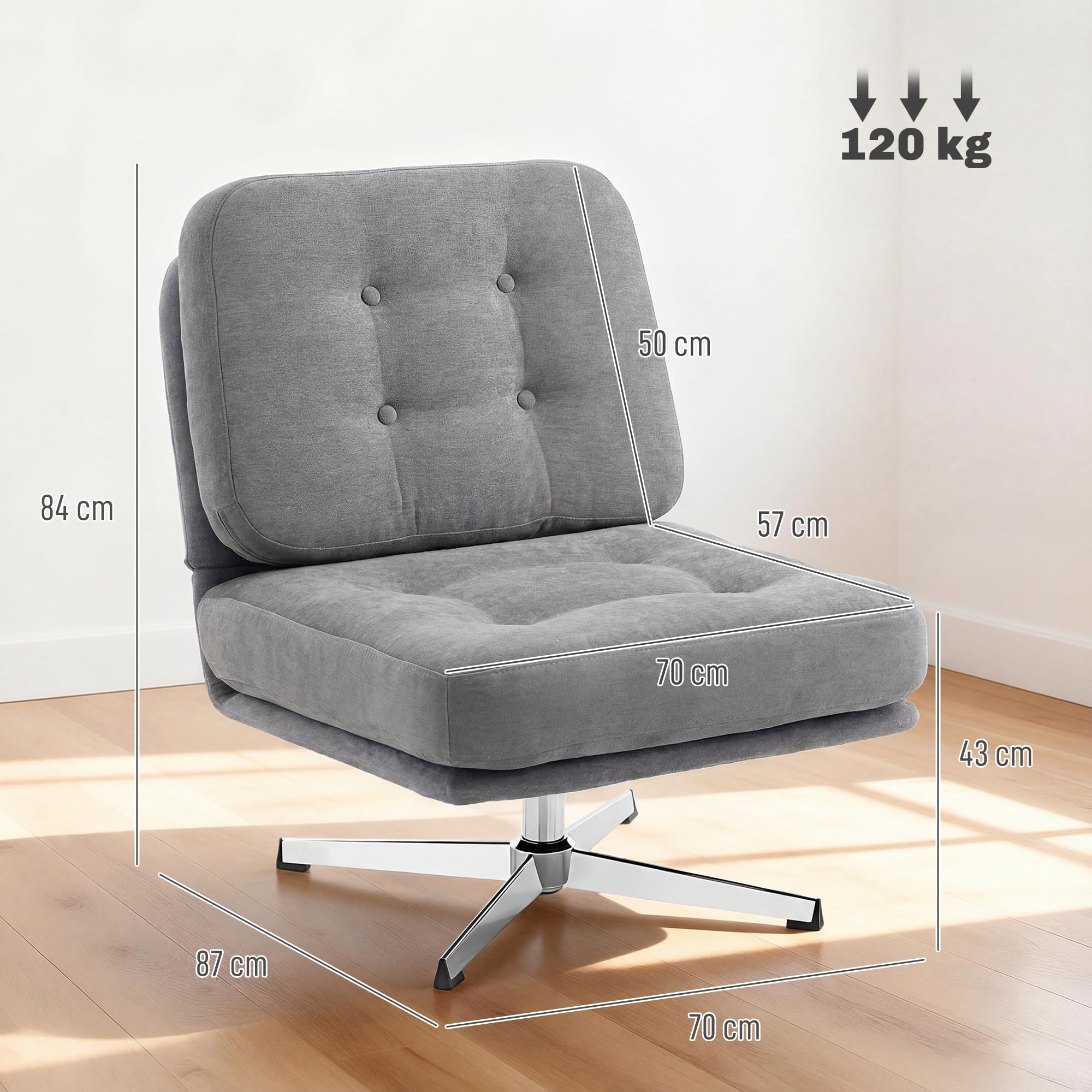 HOMCOM Sessel 360° Drehbarer Loungesessel mit Chenille-Optik, Breiter Sitzfläche, Schneidersitz Polsterstuhl mit Metallbeinen, Gepolstert Relaxsessel Lesesessel für Wohnzimmer, Schlafzimmer, Hellgrau