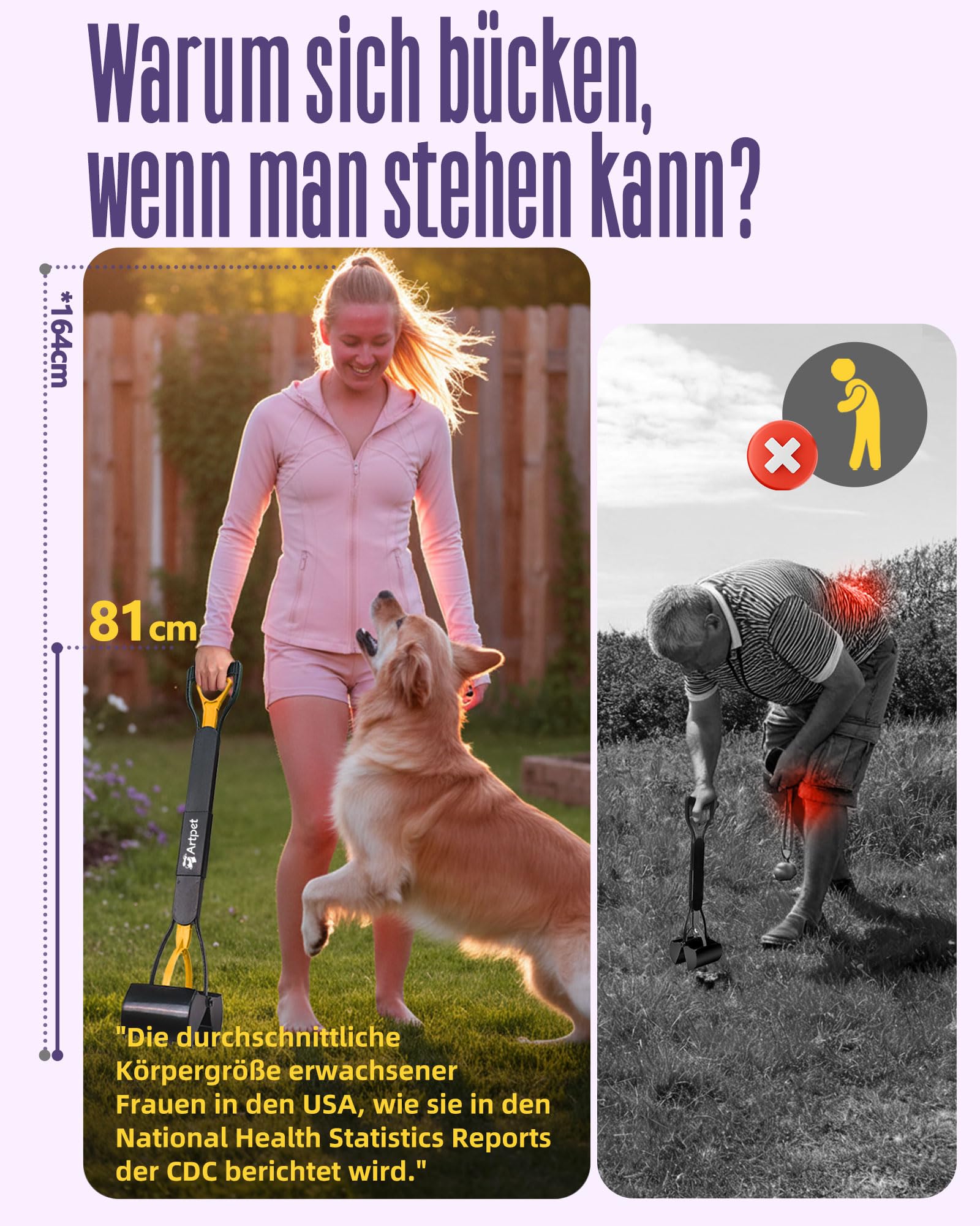Hundekotsammler mit langem Griff – Faltbare Hundekotschaufel, Kein Bücken, Für Gras, Erde, Sand & Kies, Einfach zu Reinigen