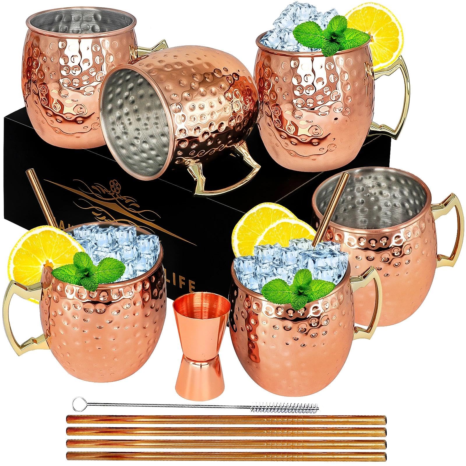 LINALL Moscow Mule Copper Mugs- Set of 6 Copper Plated Stainless Steel Mug 18oz, for Chilled Drinks (6 Pack)