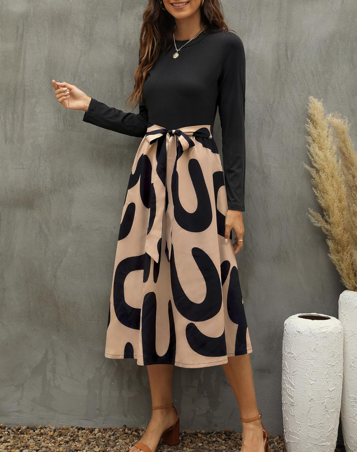 Zattcas Women 2026 Spring Dress Long Sleeve Ribbed Teacher Church Modest Business Casual Work Outfits Midi Dress - Image 4