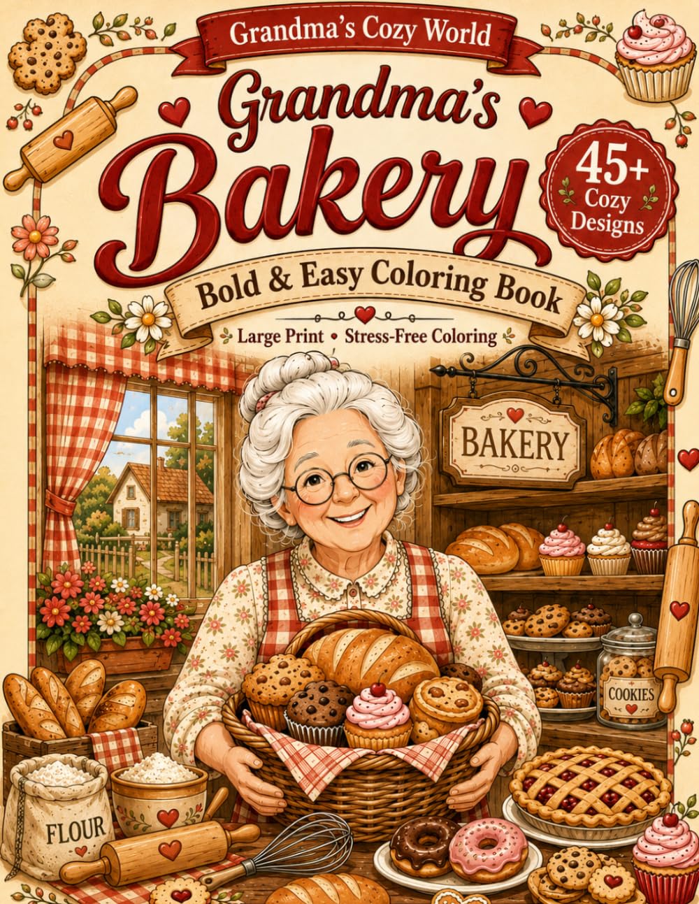 Grandma's Bakery: Bold & Easy Coloring Book for Adults and Seniors | Cozy Vintage Bakery Scenes | Large Print | Single-Sided Pages (Grandma's Cozy World)