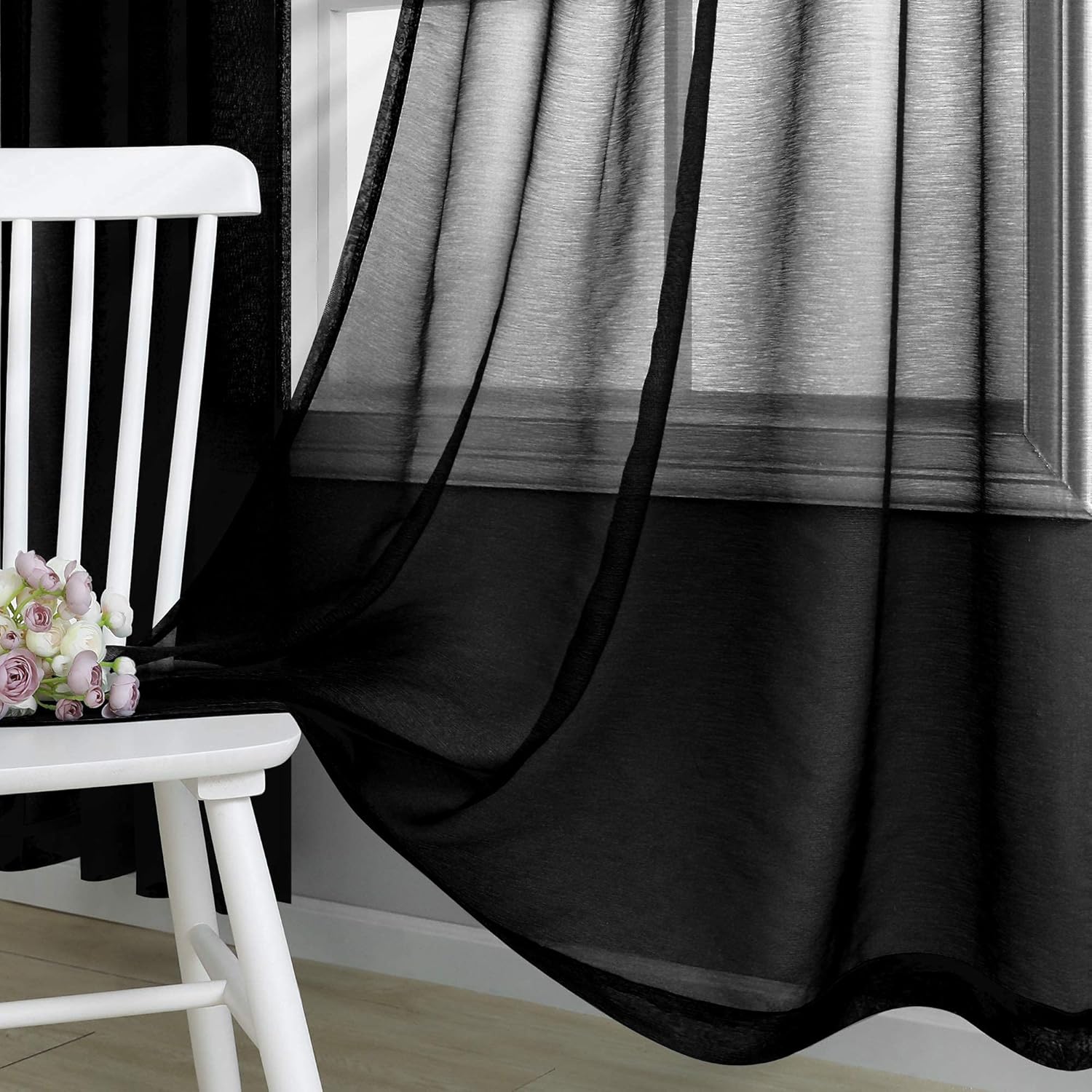 Black Sheer Curtains 84 Inch Length for Living Room 2 Panels Set Rod Pocket Window Curtains for Bedroom 52x84 Inches Long