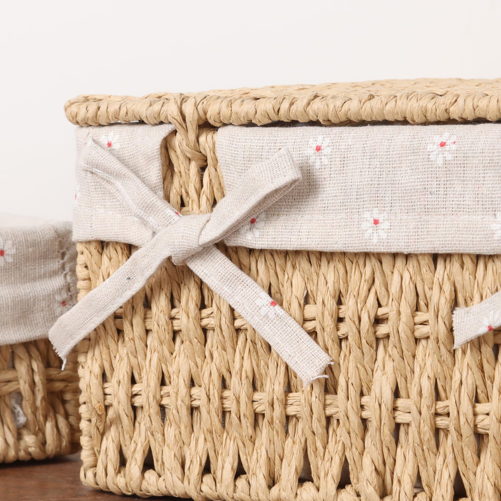 FEILANDUO Canastas de mimbre con tapa, cestas de cuerda de papel tejidas a mano para organizar, cesta rectangular para almacenamiento, cajas de escritorio con tapas, organizador para el hogar, grande