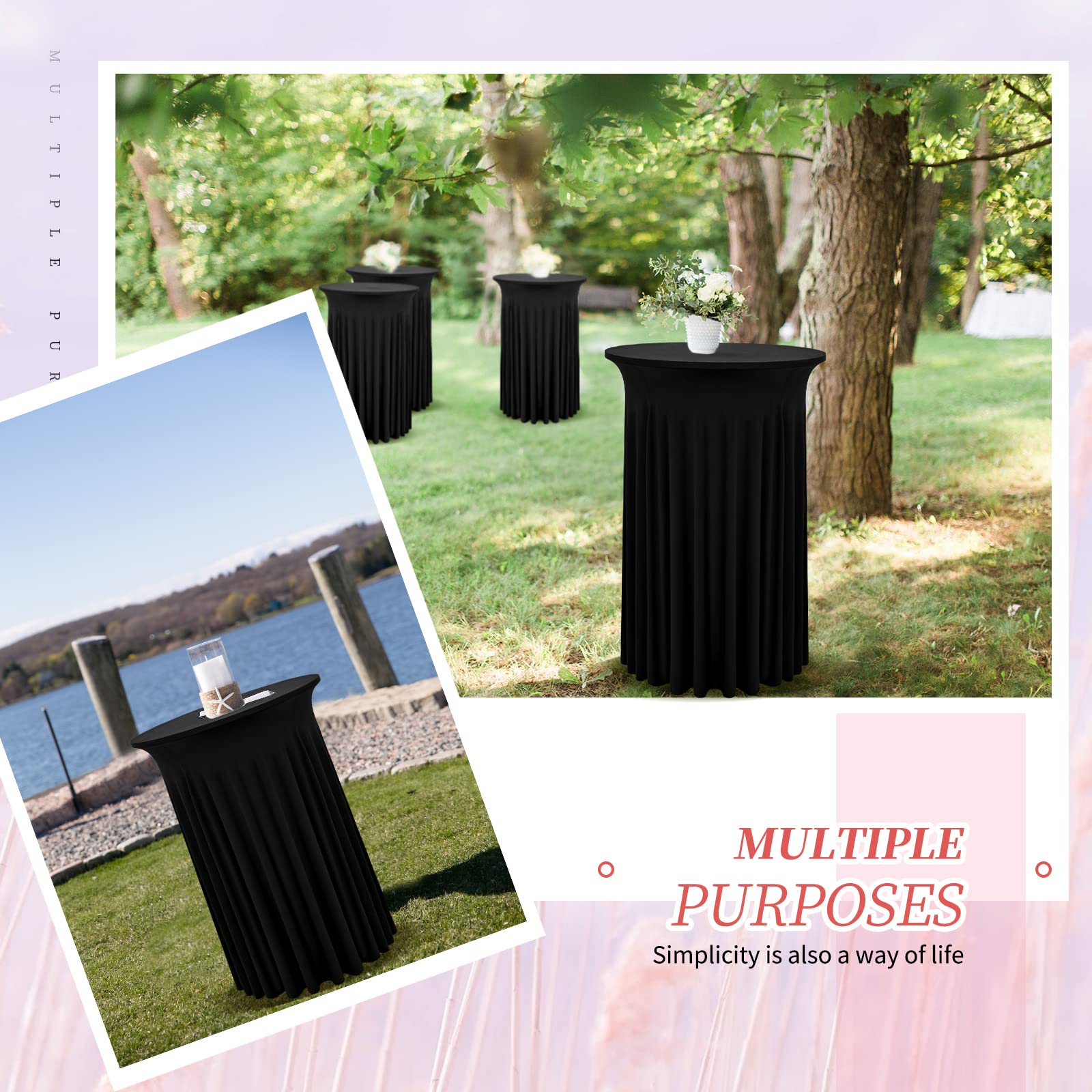 Paquete de 6 faldas redondas de mesa de cóctel de 32 x 43 pulgadas, mantel de cóctel elástico de elastano con cortinas onduladas, fundas de mesa de elastano negro ajustables para boda, bar,