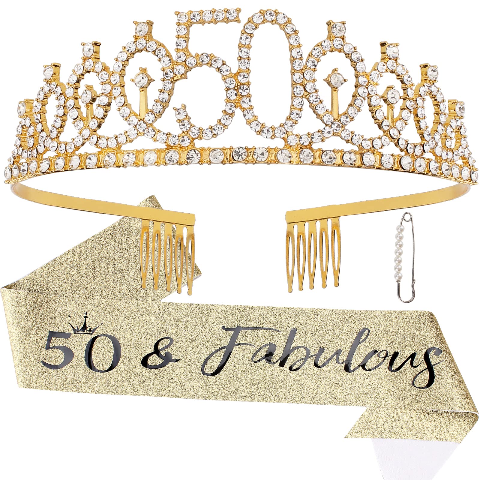 Semato 50 & Fabulous Birthday Tiara and Sash Kit- 50th Birthday Gifts for Women 50th Birthday Party Decorations (gold)