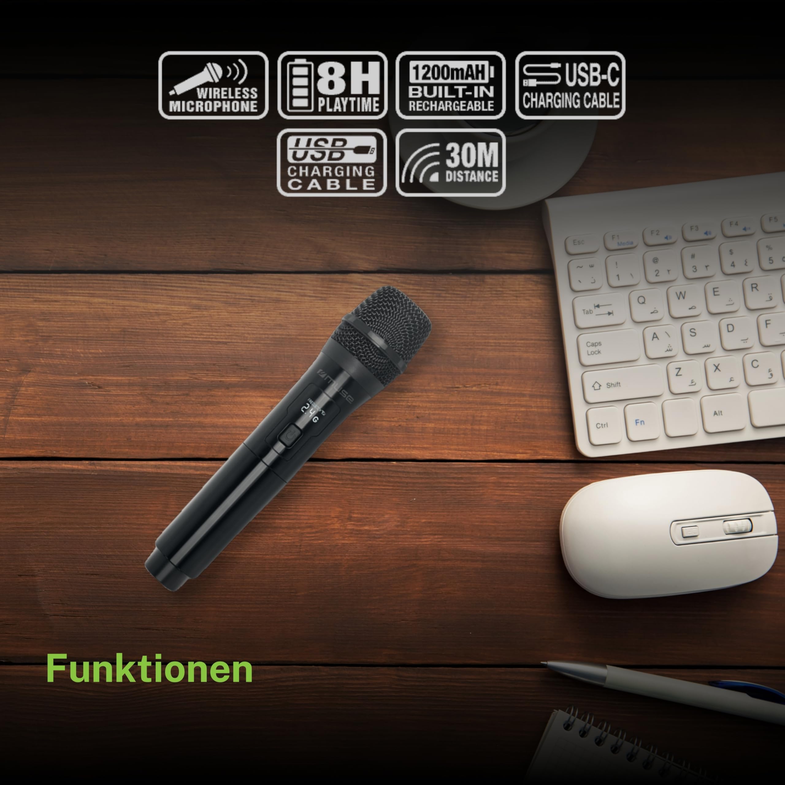 MUSE Drahtloses Mikrofon mit LED-Display - Hochfrequente Übertragung, hohe Empfindlichkeit - USB-Ladeports, wiederaufladbare Lithium-Ionen-Batterie