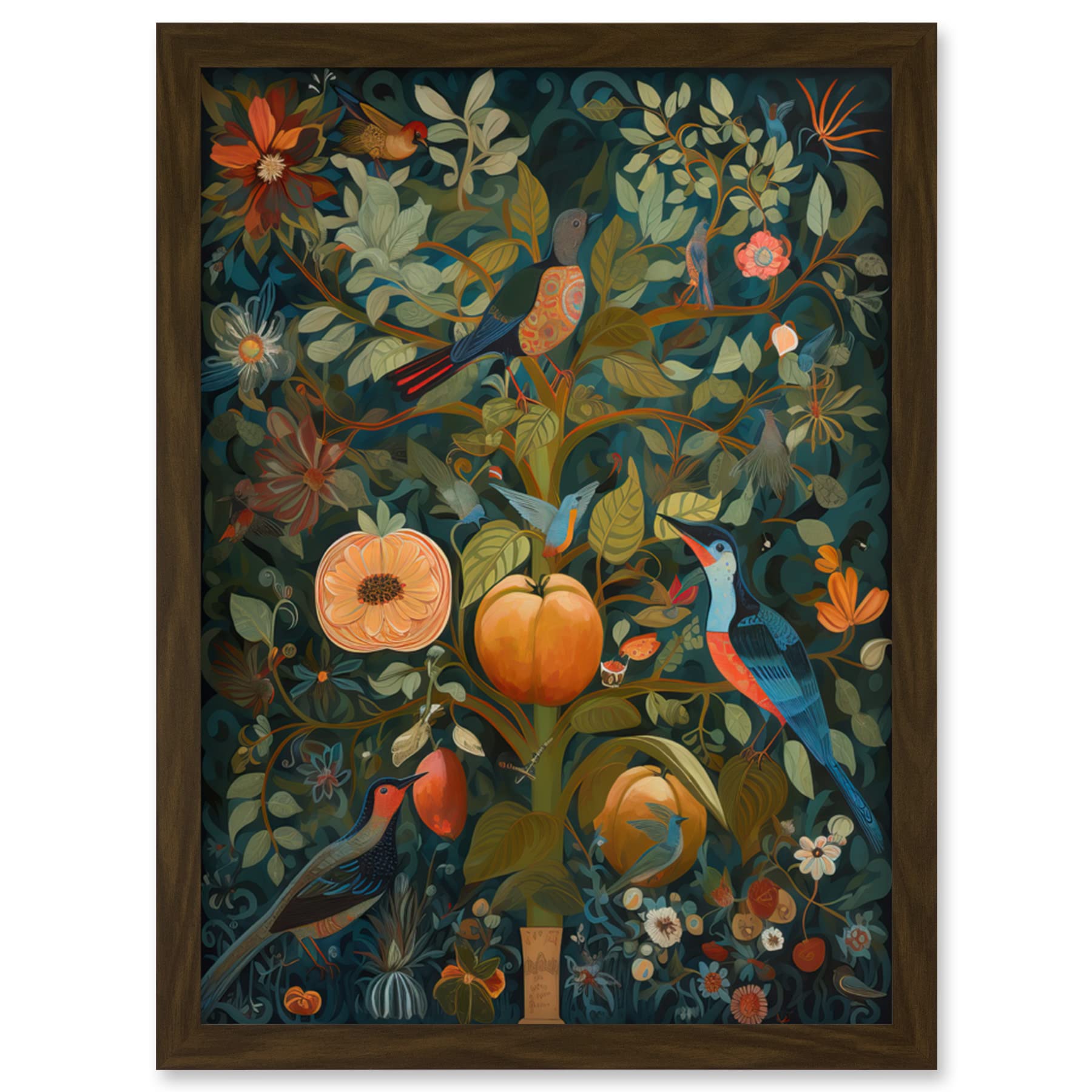 Artery8 Birds on Blooming Peach Tree in Modern Folk Art Artwork Framed Wall Art Print A4