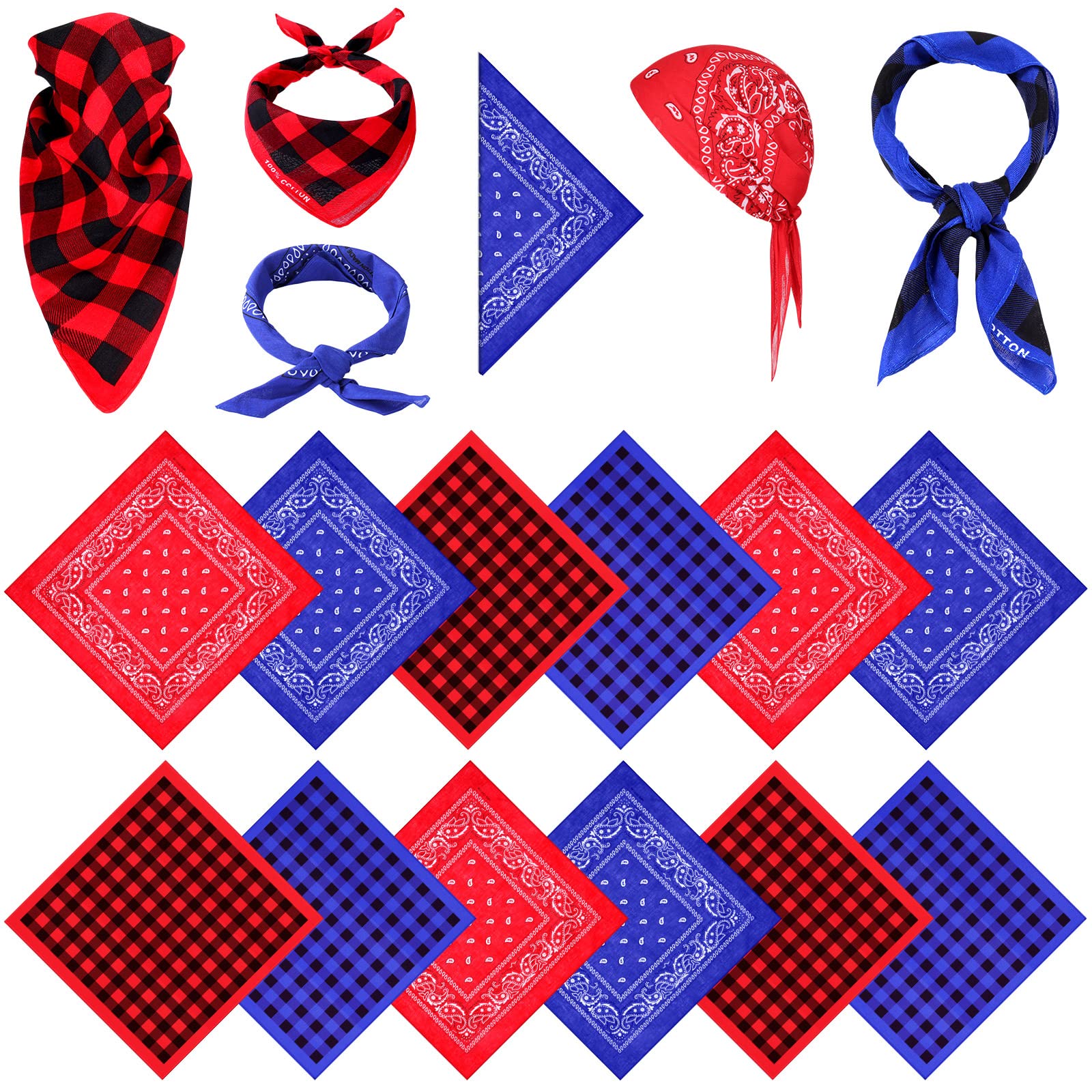 Dozen Cowboy Bandannas 22 x 22 Inch Bandana 12 Pack Red and Navy Plaid Paisley Cowboy Headbands Handkerchiefs Neck Bow Protective Coverage Bandana for Western Cowboy Party Supplies Favor