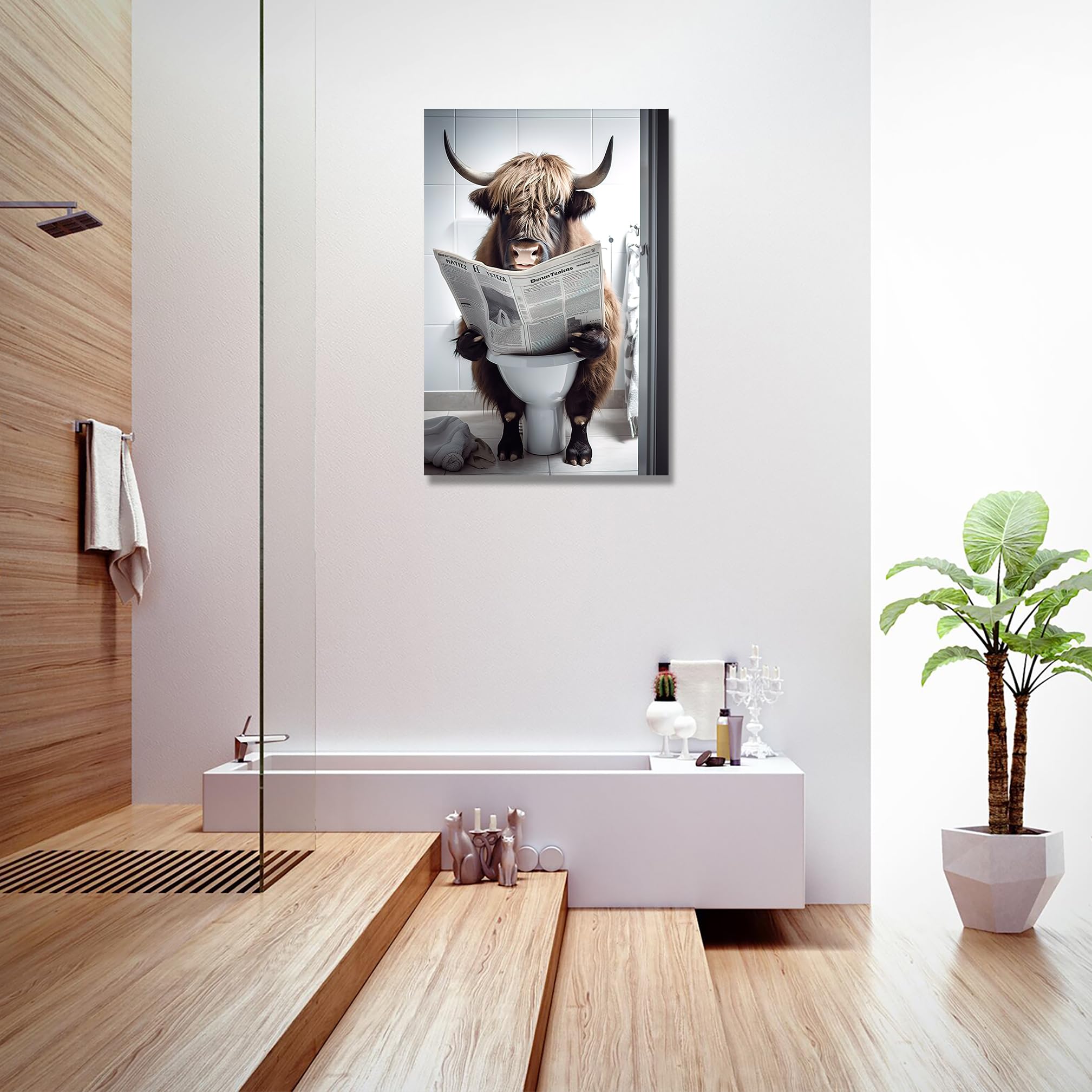 LZIMU Bathroom Highland Cow Wall Art Brown Cattle Sitting on Toilet Reading Newspaper Canvas Prints Funny Animals Posters Home Decor Framed (Bathroom-3 - Image 4