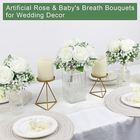 Artificial Bridesmaid Bouquets Set of 6-7 Inch Bridesmaid Bouquets Ivory White Rose Babys Breath Pre-Made Silk Flower Bouquet for Wedding Bridal Shower Centerpiece Ceremony and Anniversary