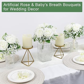 Artificial Bridesmaid Bouquets Set of 6-7 Inch Bridesmaid Bouquets Ivory White Rose Babys Breath Pre-Made Silk Flower Bouquet for Wedding Bridal Shower Centerpiece Ceremony and Anniversary