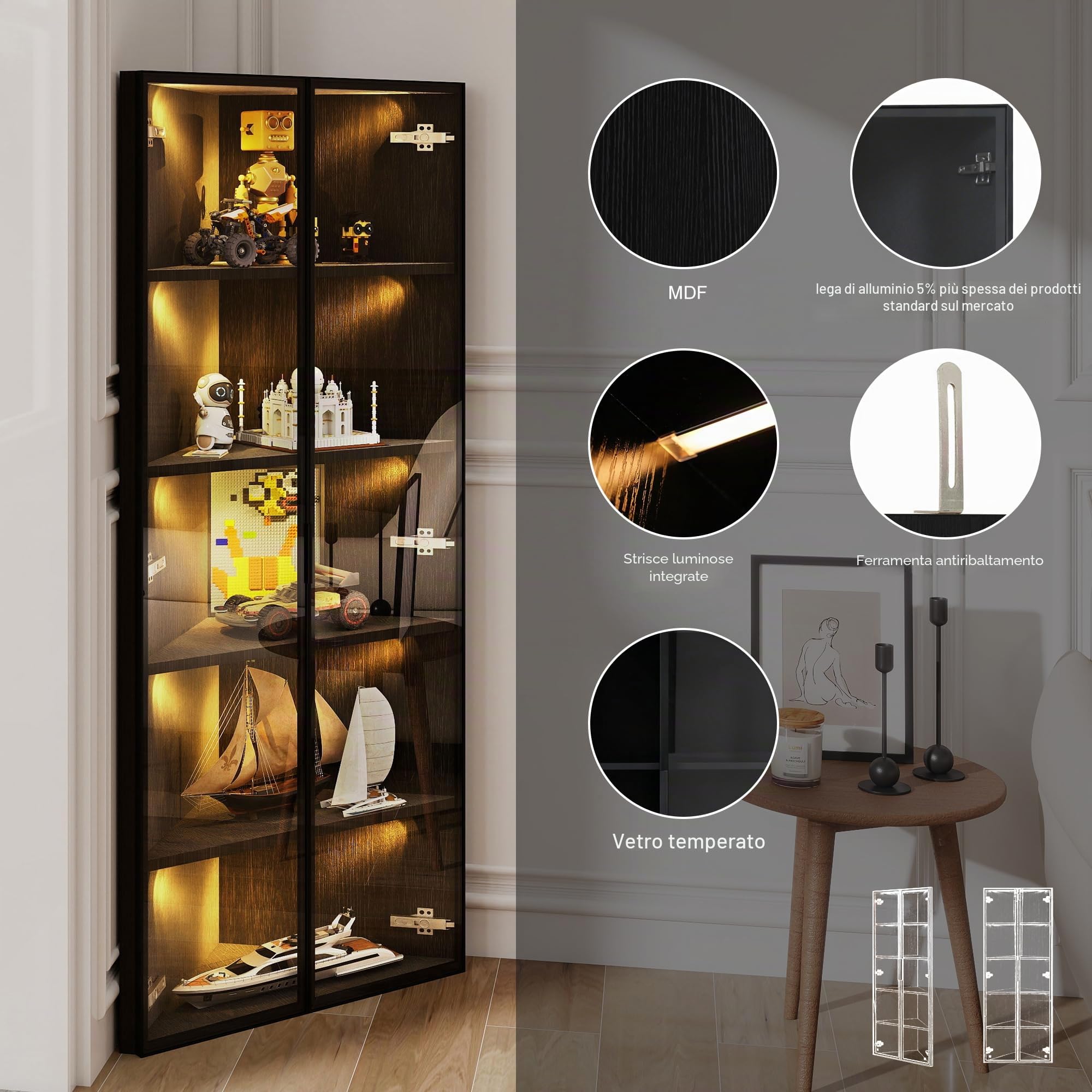 Vetrina in vetro a LED, 62 x 35 x 160 cm, nera, con strisce luminose integrate, vetrina in vetro temperato resistente alla polvere, con elementi angolari con ante – armadio ad angolo, libreria
