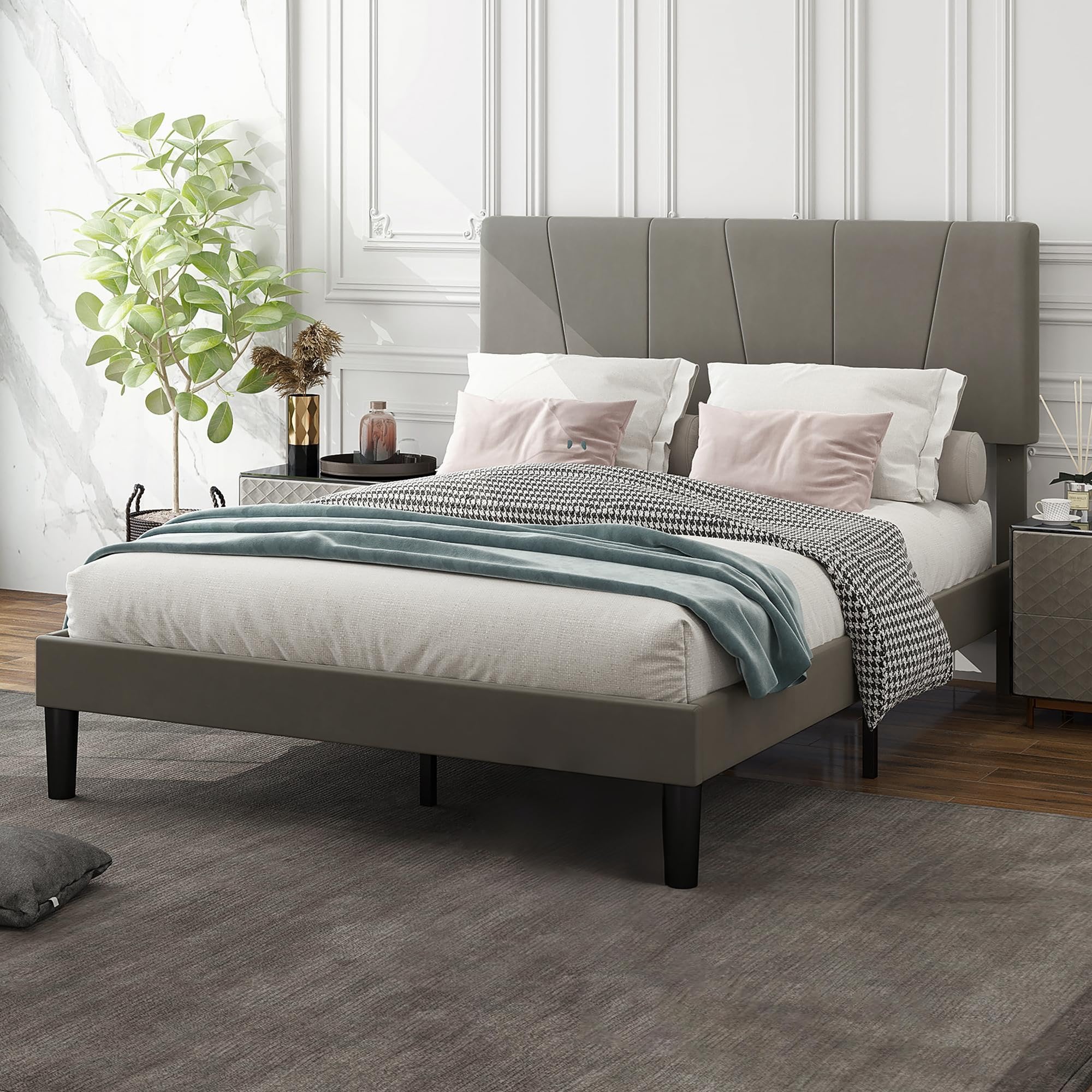 Homcom Unisex Grey Bed Frame With 5-Level Adjustable Headboard Wooden Slats In Double