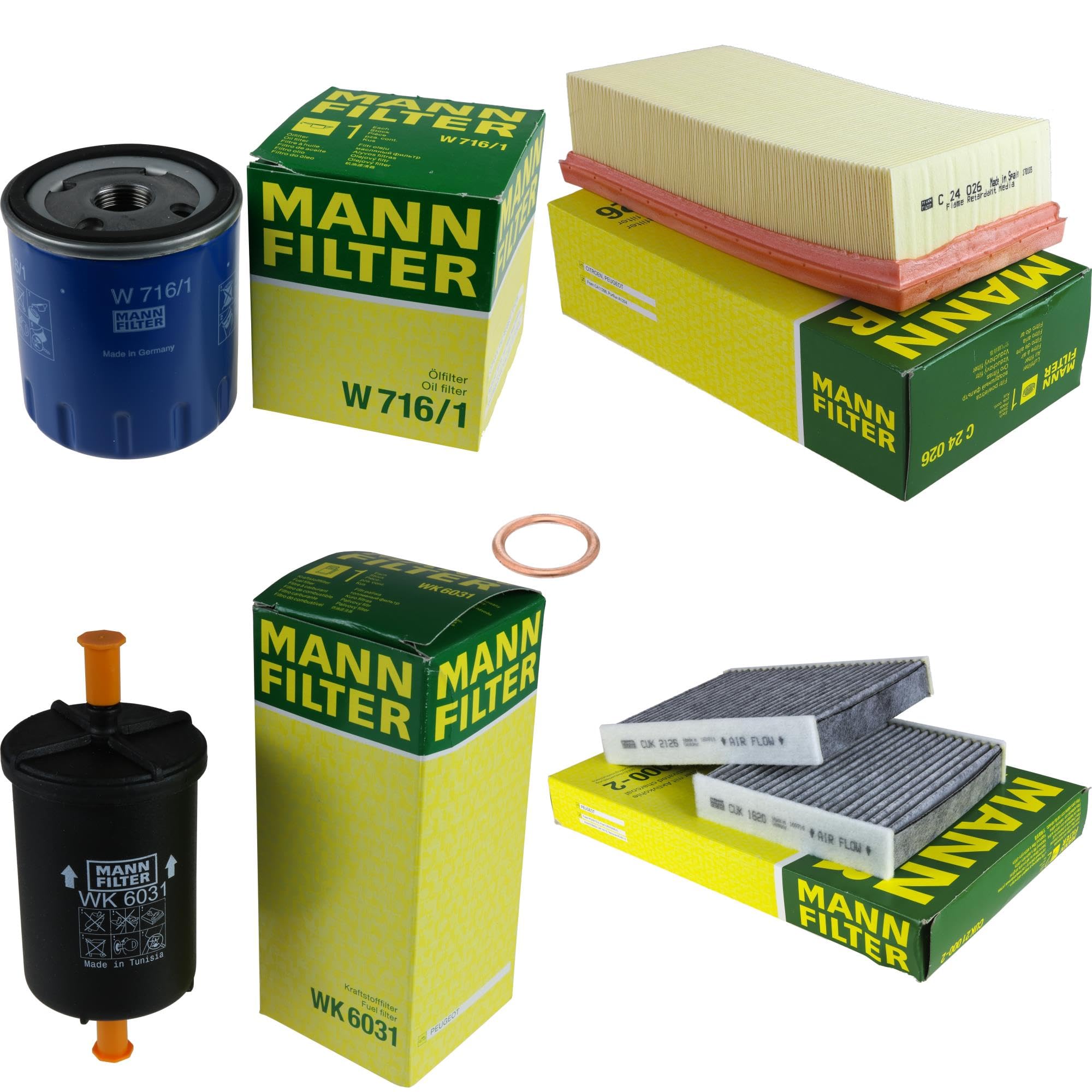 Paquete de inspección Kit de mantenimiento de filtros con filtro de aceite W 716/1, filtro de aire C 24 026, filtro de combustible WK 6031, filtro de habitáculo CUK 21 000-2, anillo de