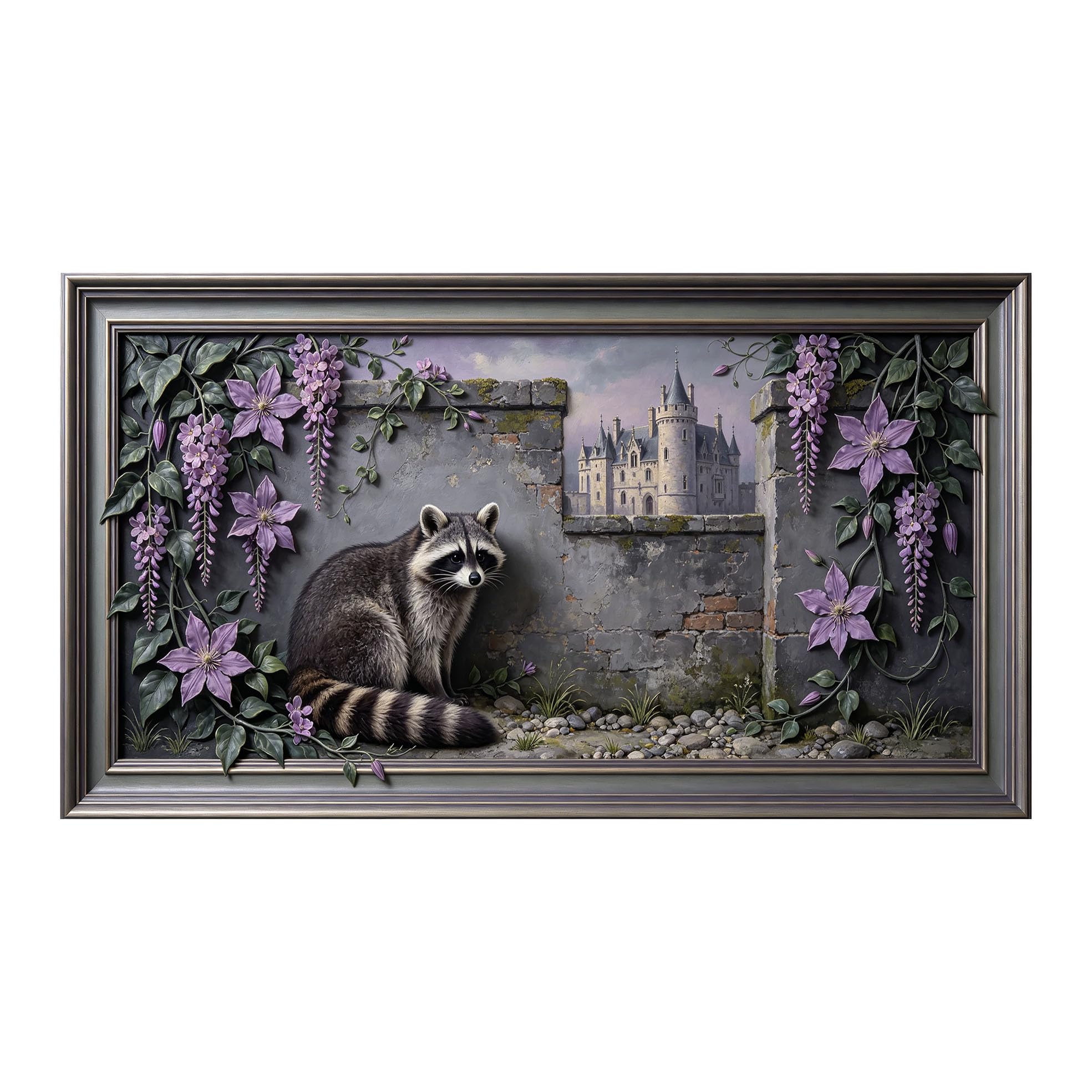 Yzpallescene 3D 3D Framed Wall Art 50cm×90cm Raccoon Castle Garden Floral Landscape Oil Painting Large Size SelfAdhesive Removable Wall Decor Prints Artwork for Living Room Bedroom Office