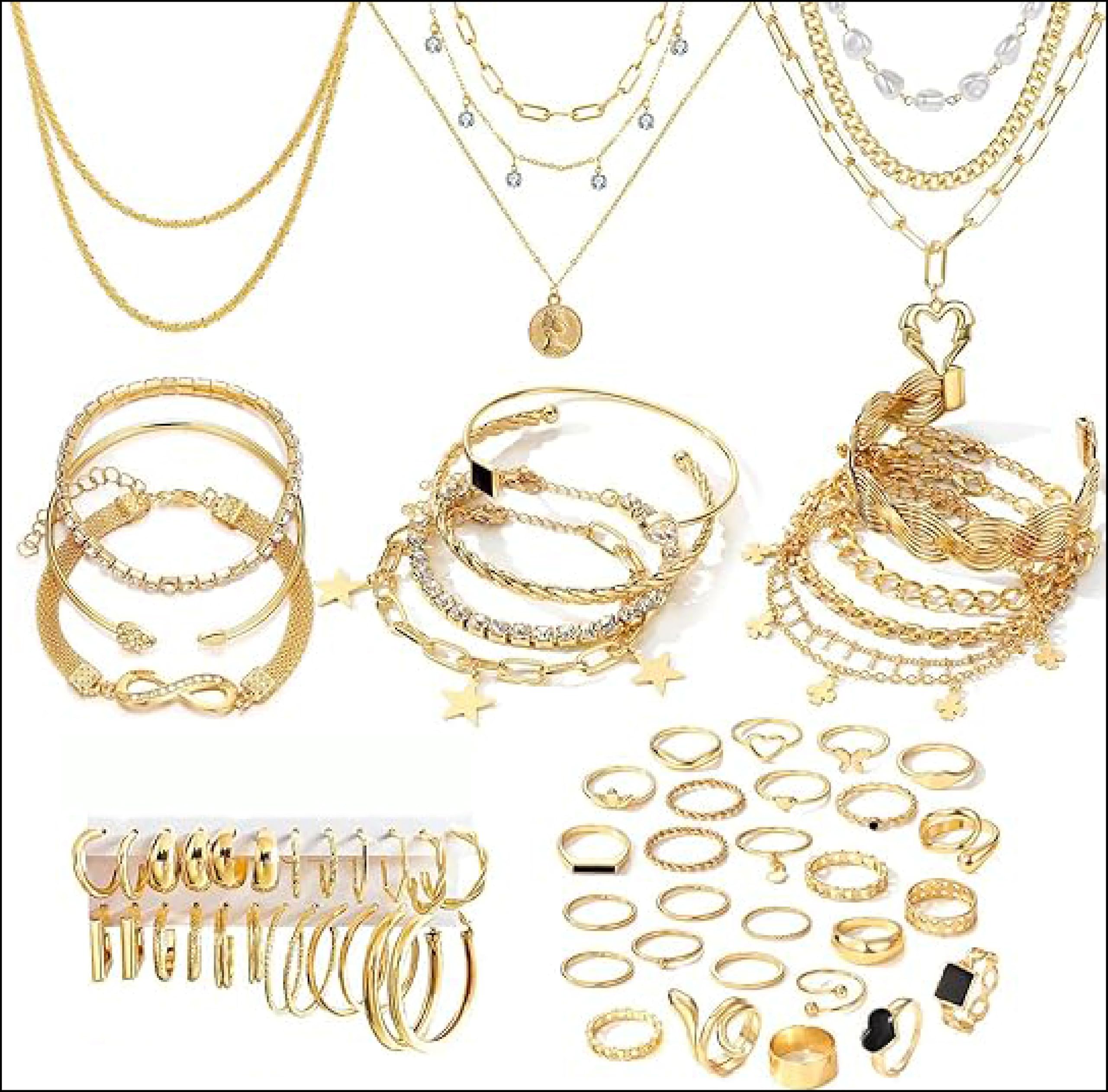 38-59 pieces (8-9 set) gold plated jewelry set for women with 8 necklaces, 12 bracelets, 27 rings, 12 pairs of dangle earrings, simple and sparkling Happy-Gold jewelry for women