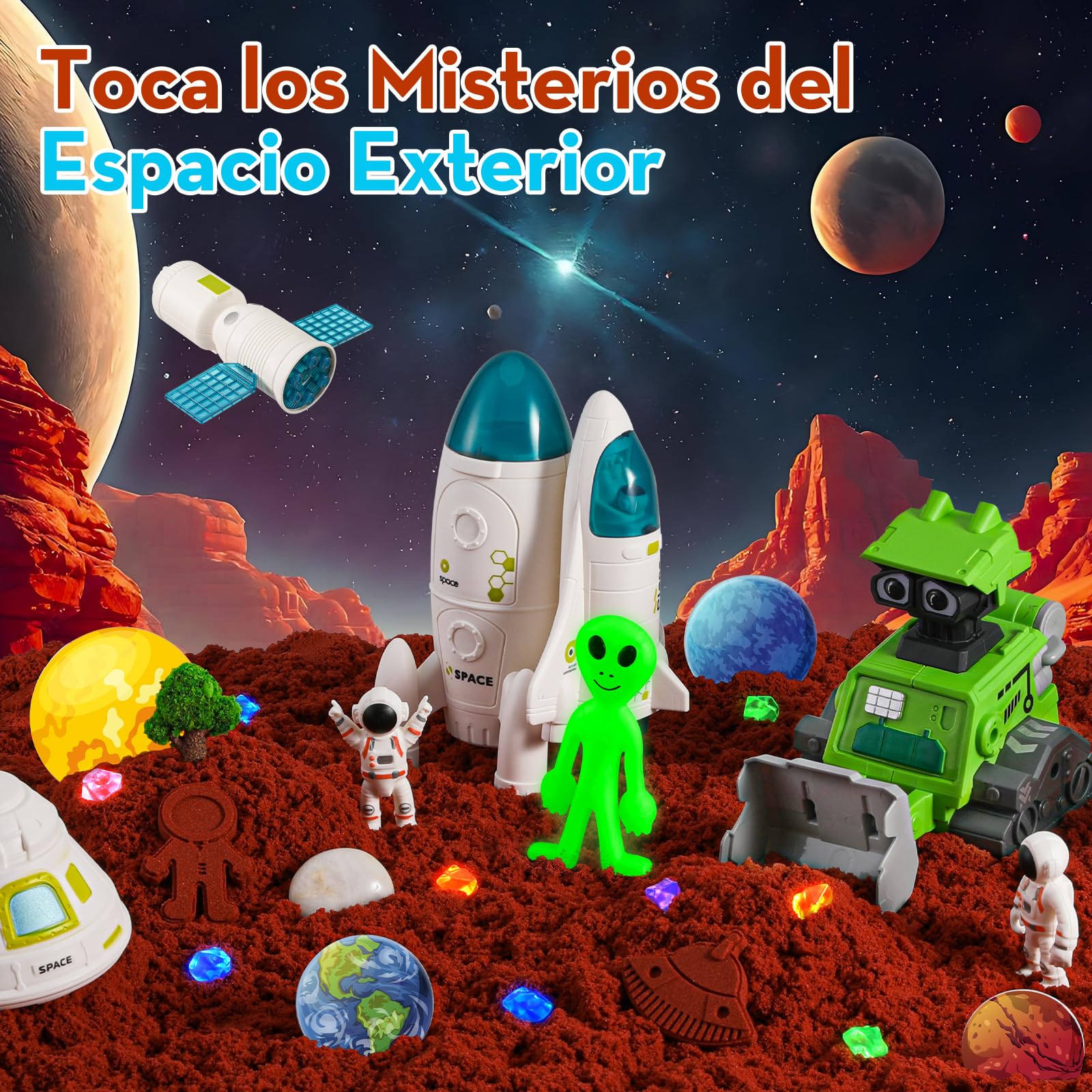 KNASON Arena Juguetes Mágica de Espacio Exterior,Arena Sand con Arenas,Extraterrestre Brillante y Gemas,Caja de Arenas con Tapa,Sand para Arenero Regalo para Niños de 3 a 8 Años